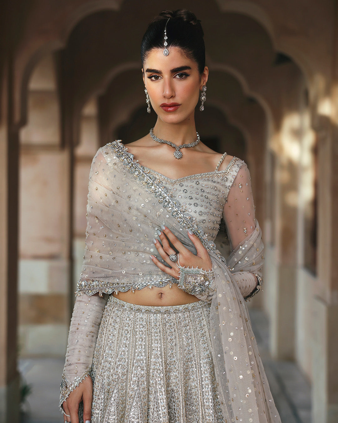 Pakistani White Embellished Net Lehnga Choli (3-Piece) - Image 5