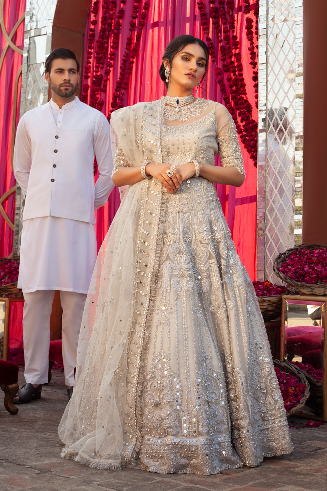 Crystal White Embellished Net Bridal Lehenga (3-Piece) - Image 1