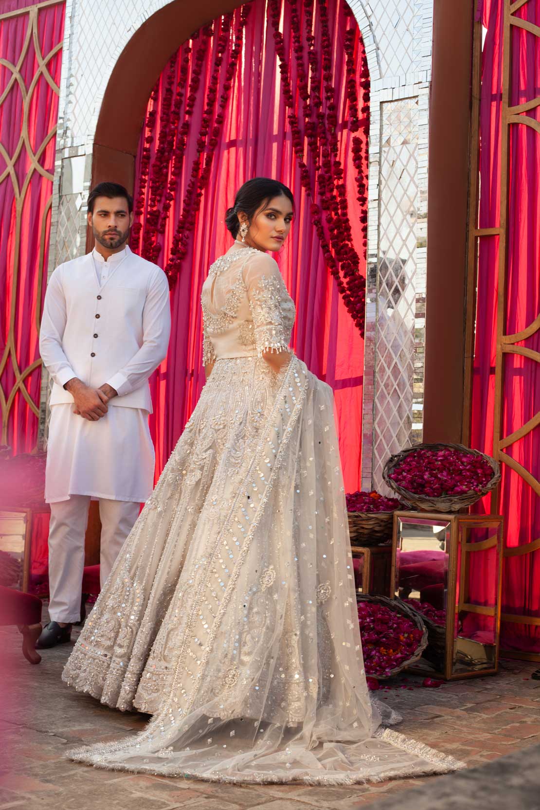 Crystal White Embellished Net Bridal Lehenga (3-Piece) - Image 2