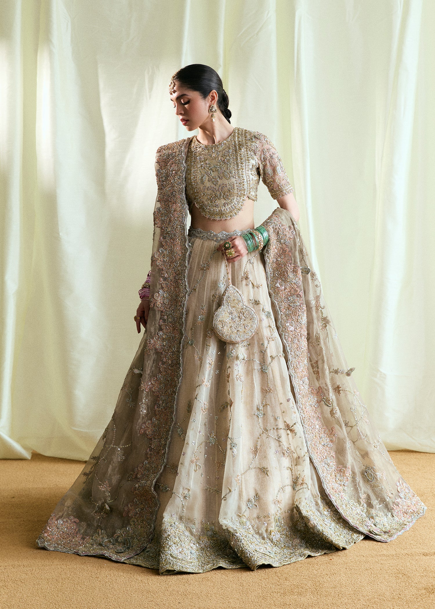 Pakistani Whispy Cloud White Embellished Atlas Organza Lehenga (3-Piece) - Image 5