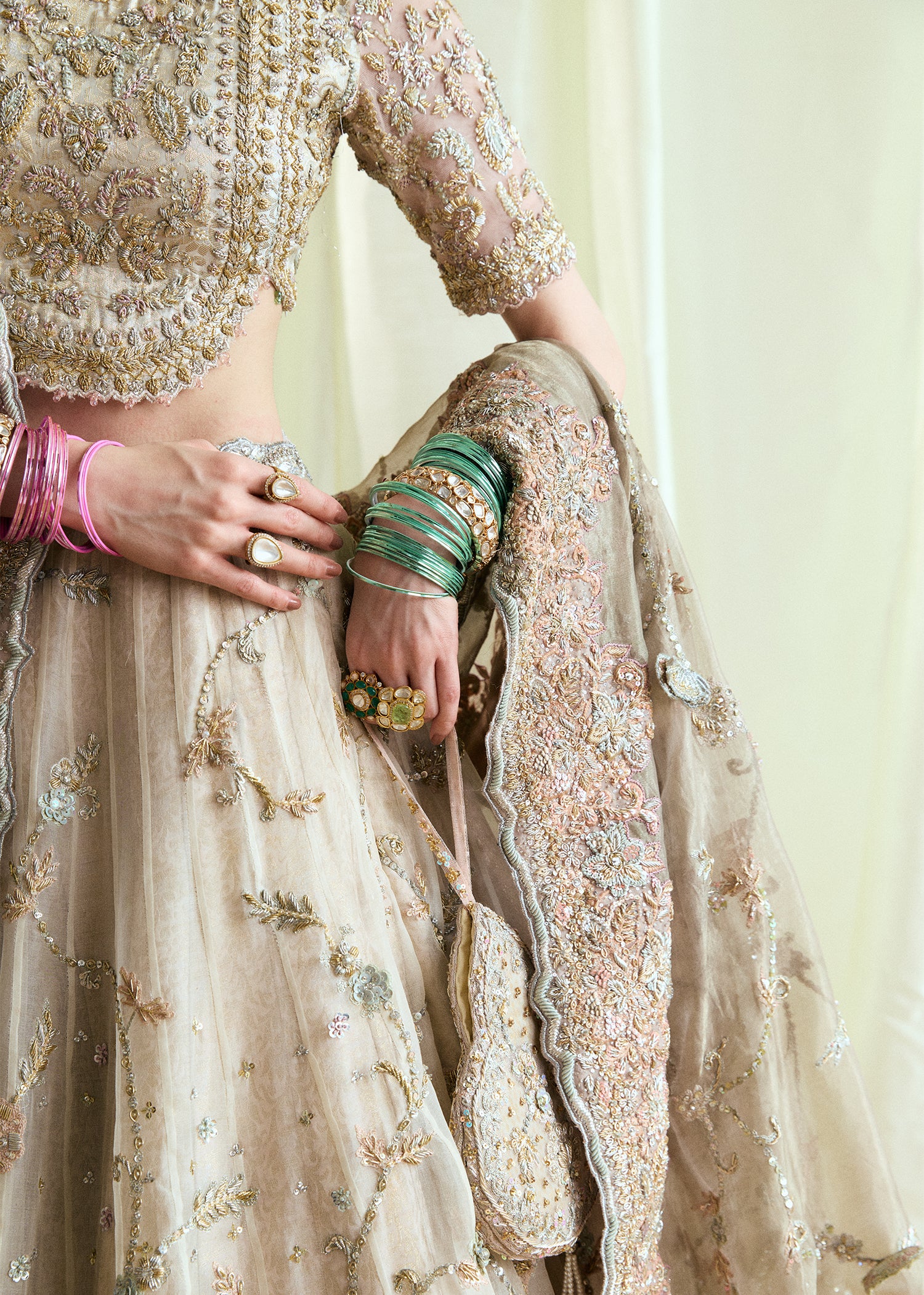 Pakistani Whispy Cloud White Embellished Atlas Organza Lehenga (3-Piece) - Image 6