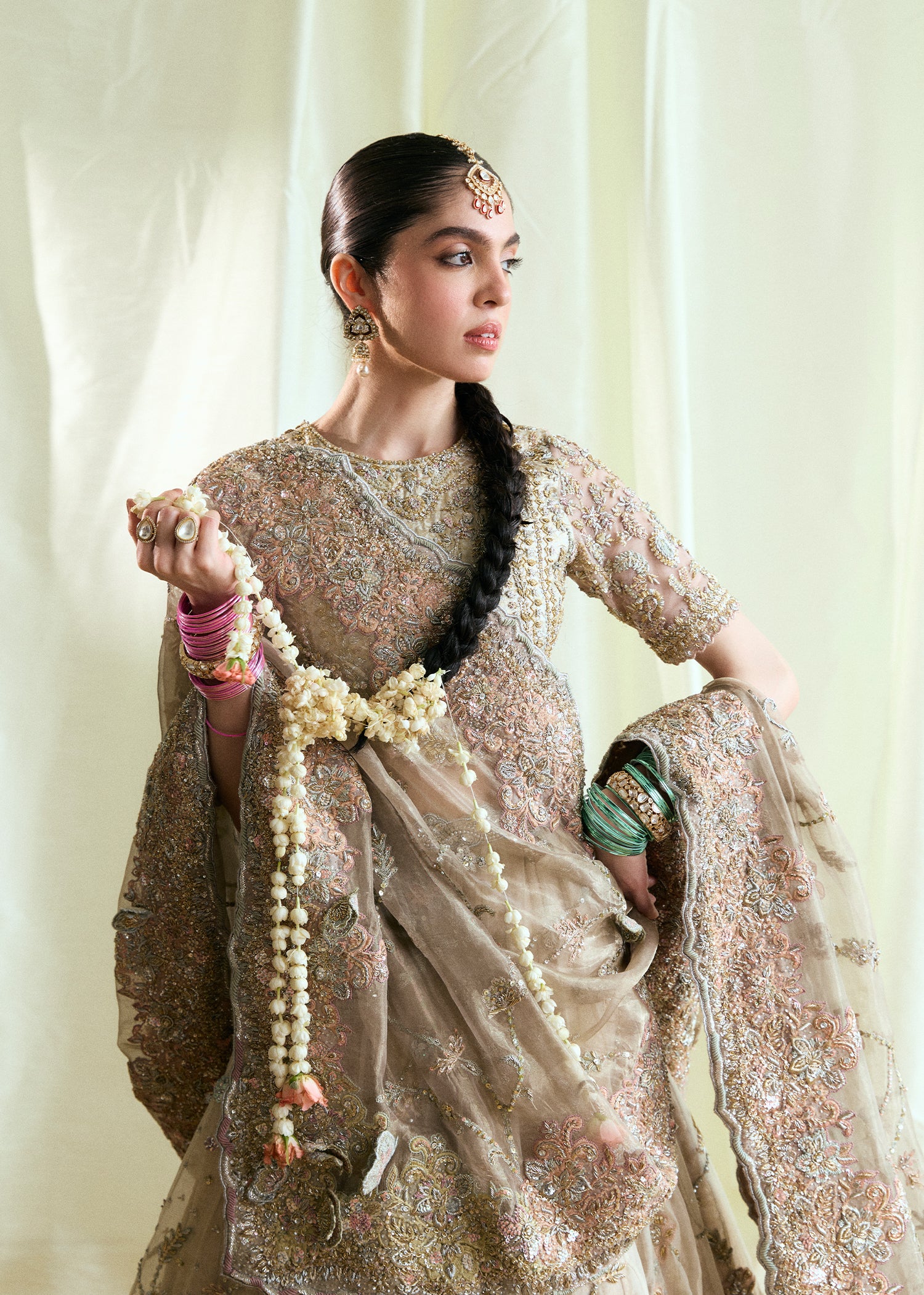 Indian White Embellished Atlas & Organza Bridal Lehenga (3-Piece) - Image 2