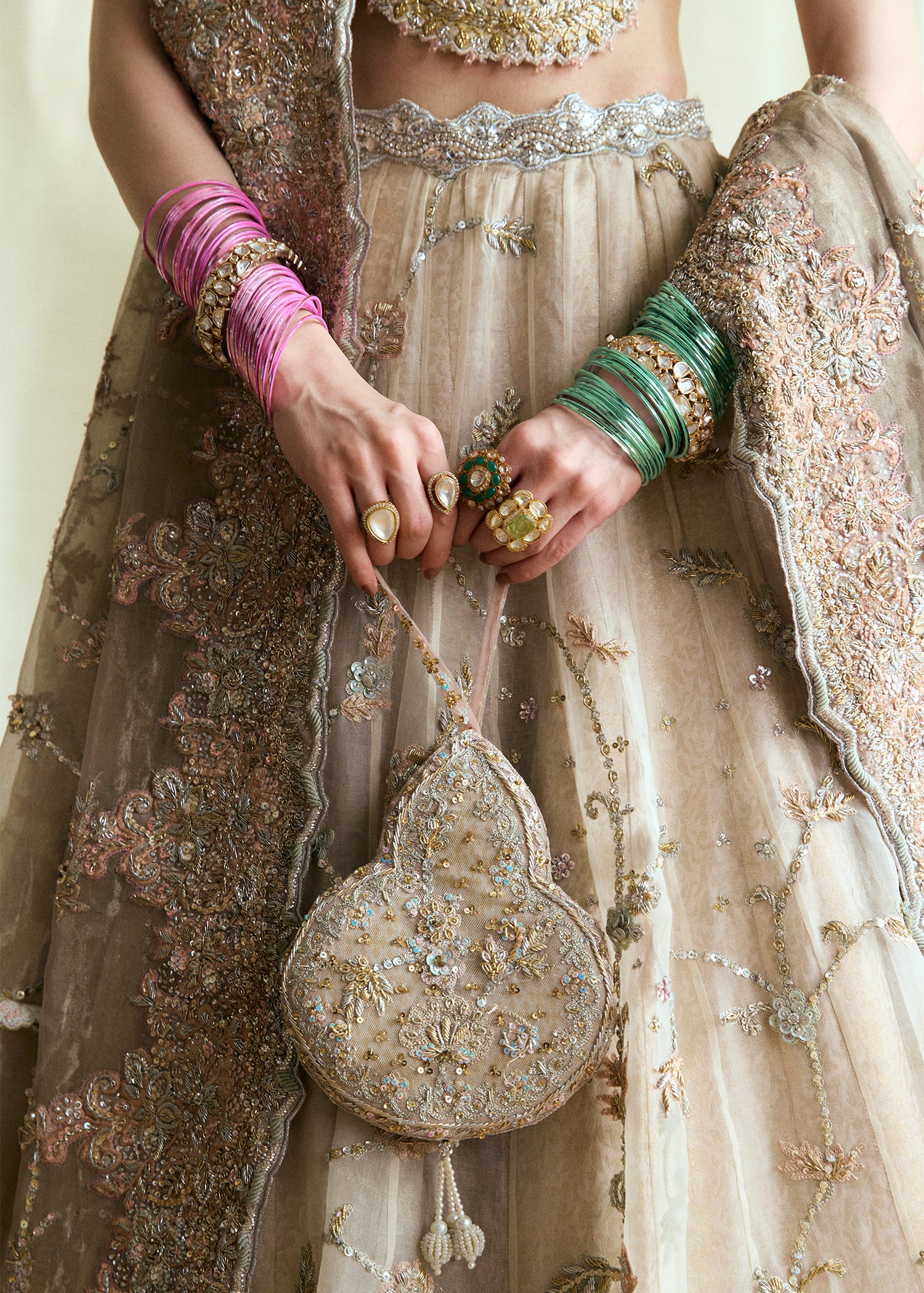 Indian White Embellished Atlas & Organza Bridal Lehenga (3-Piece) - Image 3