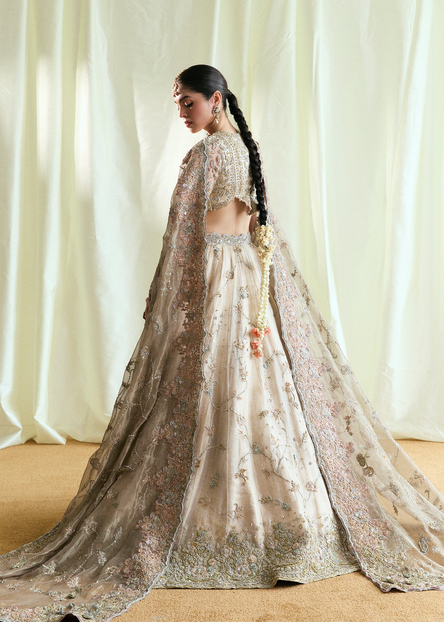 Indian White Embellished Atlas & Organza Bridal Lehenga (3-Piece) - Image 7