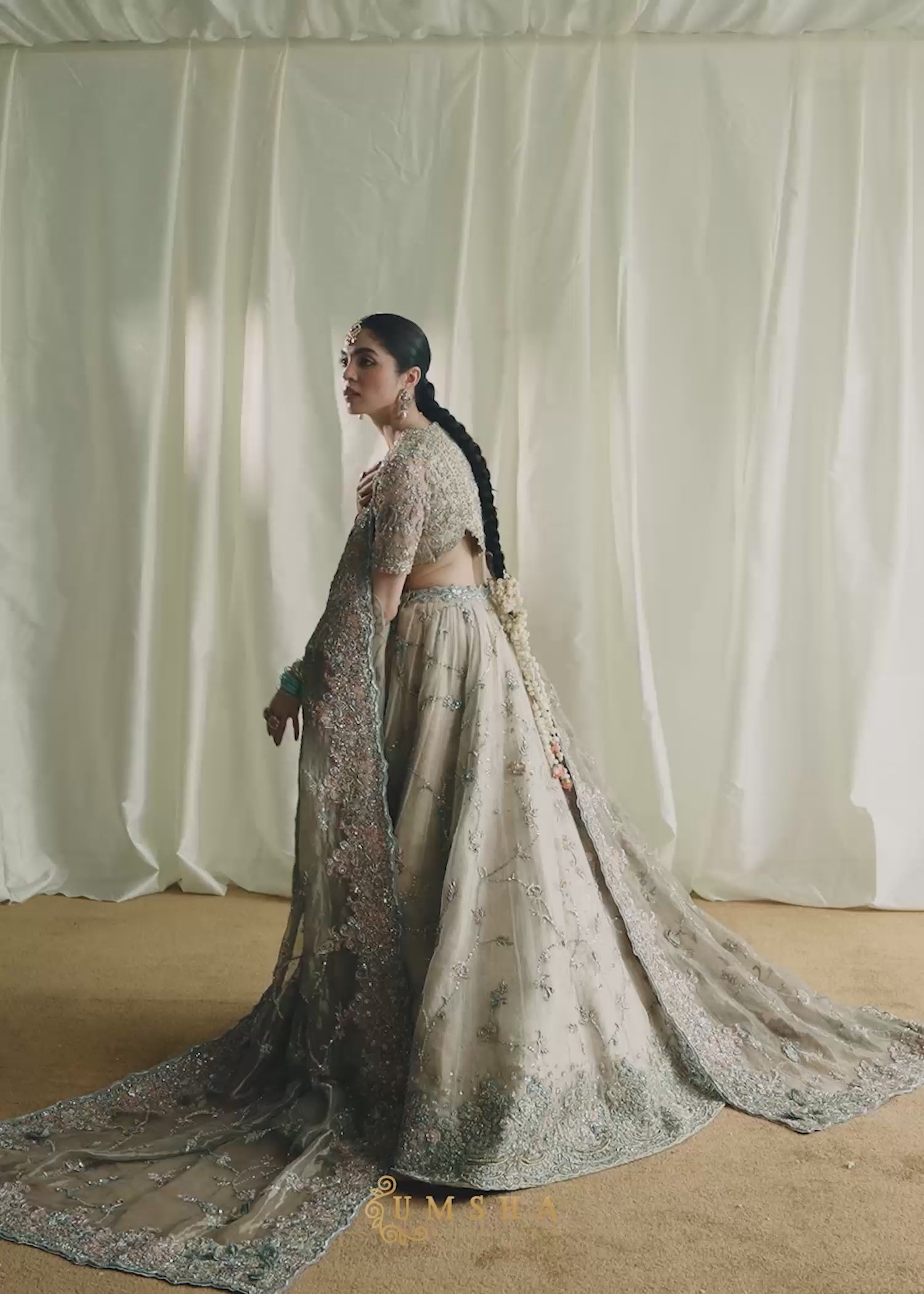 Indian White Embellished Atlas & Organza Bridal Lehenga (3-Piece) - Image 8