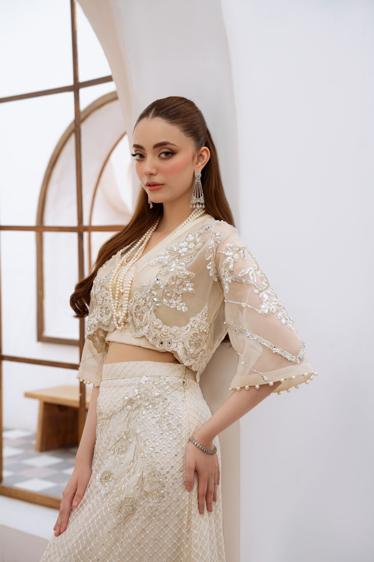Pakistani Sage White Beaded Organza Blouse & Net Skirt (2-Piece) - Image 10