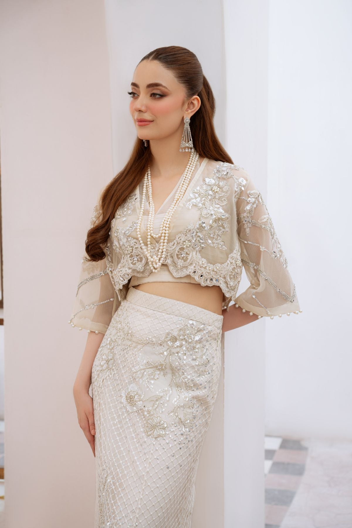Pakistani Sage White Beaded Organza Blouse & Net Skirt (2-Piece) - Image 11