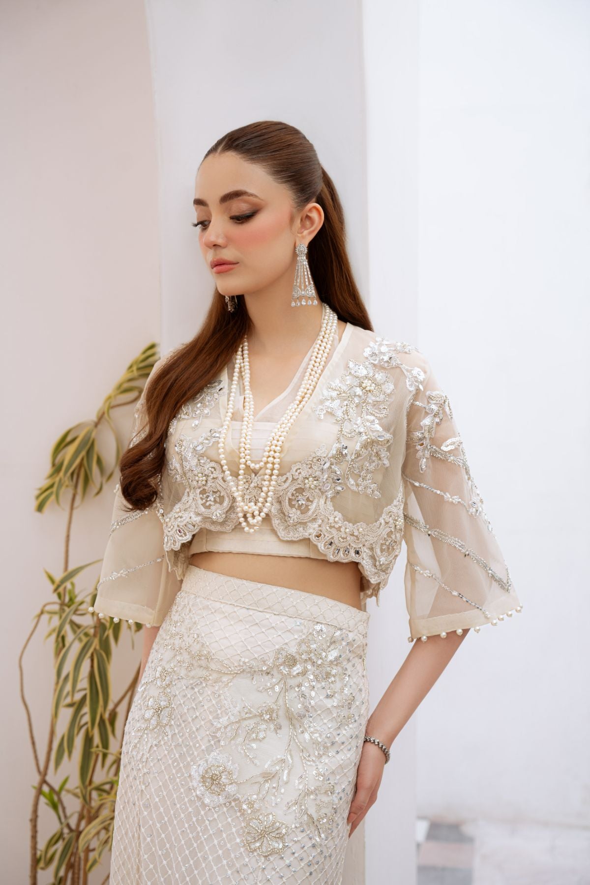 Pakistani Sage White Beaded Organza Blouse & Net Skirt (2-Piece) - Image 2
