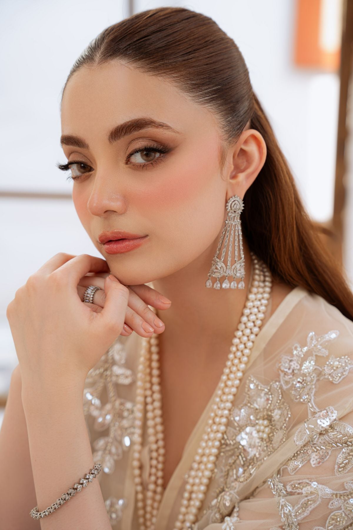 Pakistani Sage White Beaded Organza Blouse & Net Skirt (2-Piece) - Image 3