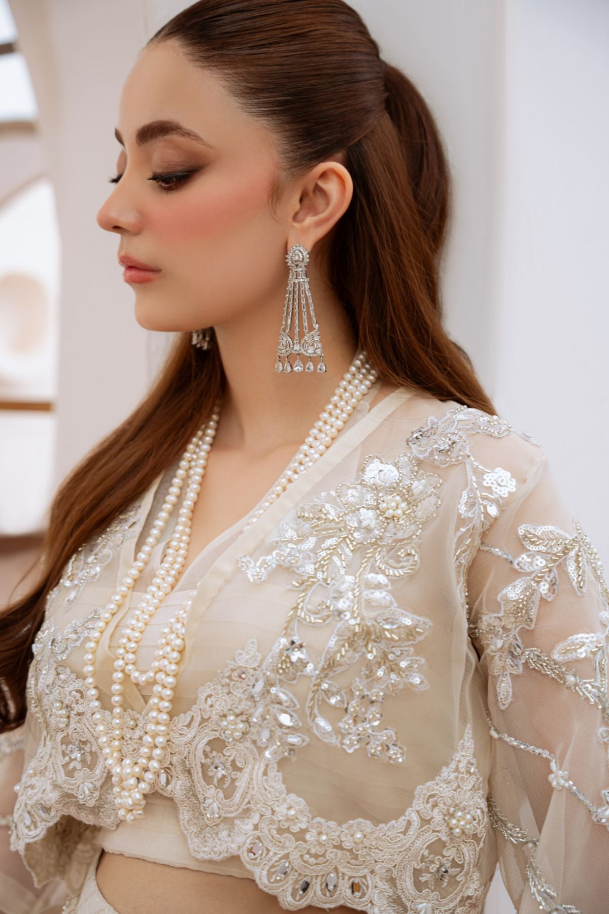 Pakistani Sage White Beaded Organza Blouse & Net Skirt (2-Piece) - Image 4