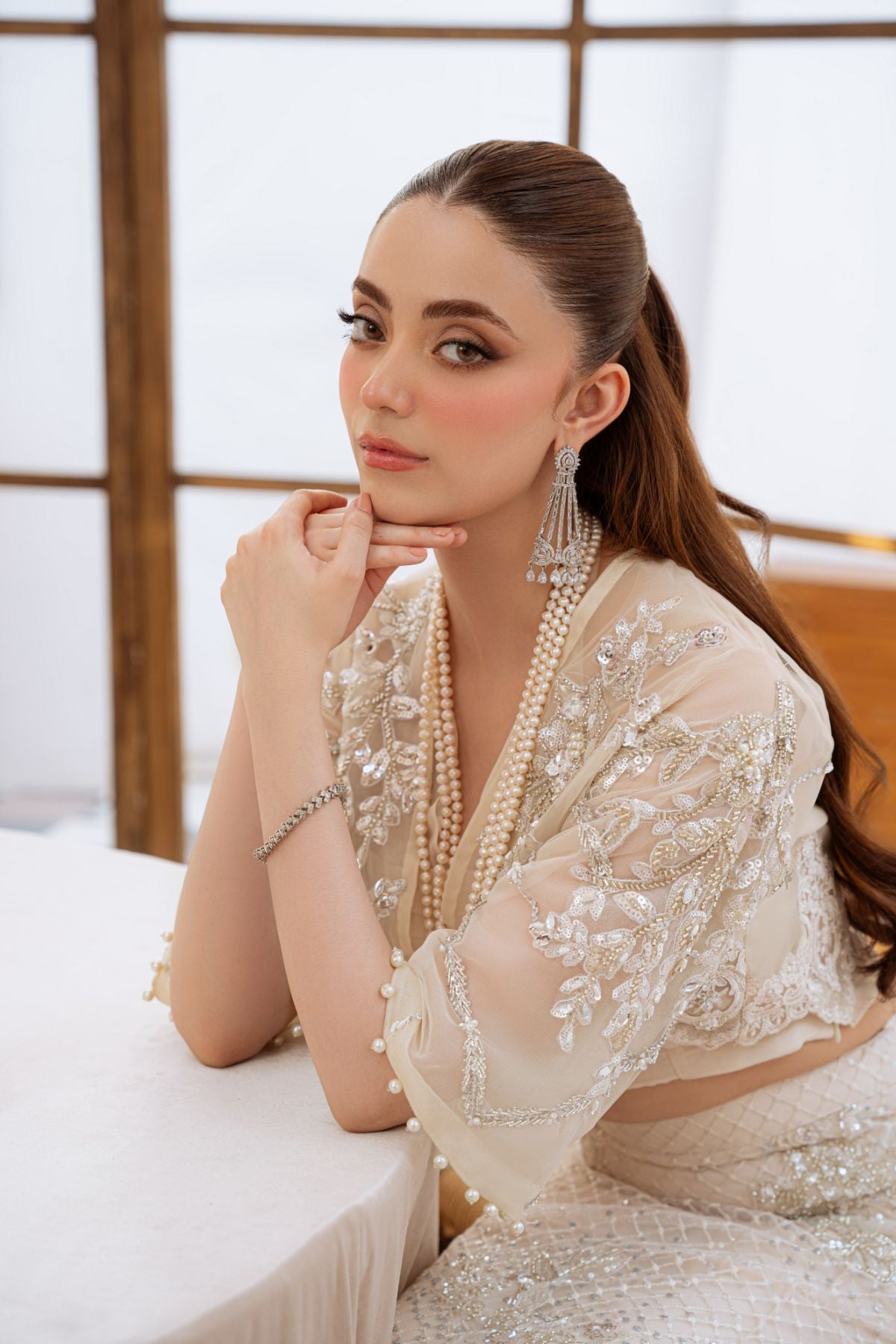 Pakistani Sage White Beaded Organza Blouse & Net Skirt (2-Piece) - Image 6