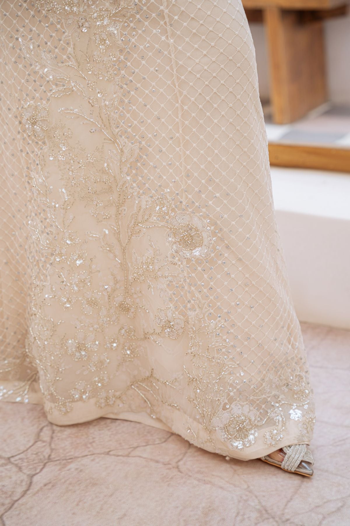 Pakistani Sage White Beaded Organza Blouse & Net Skirt (2-Piece) - Image 7