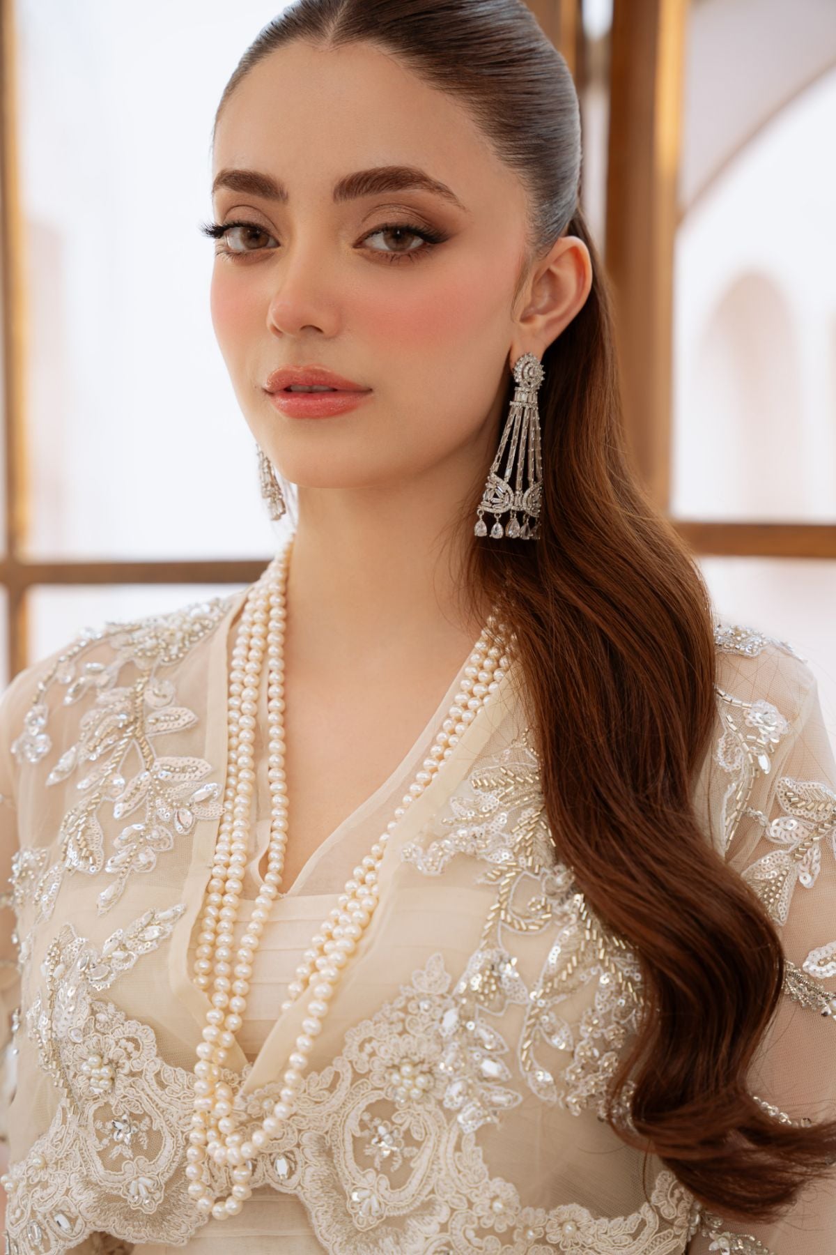 Pakistani Sage White Beaded Organza Blouse & Net Skirt (2-Piece) - Image 8