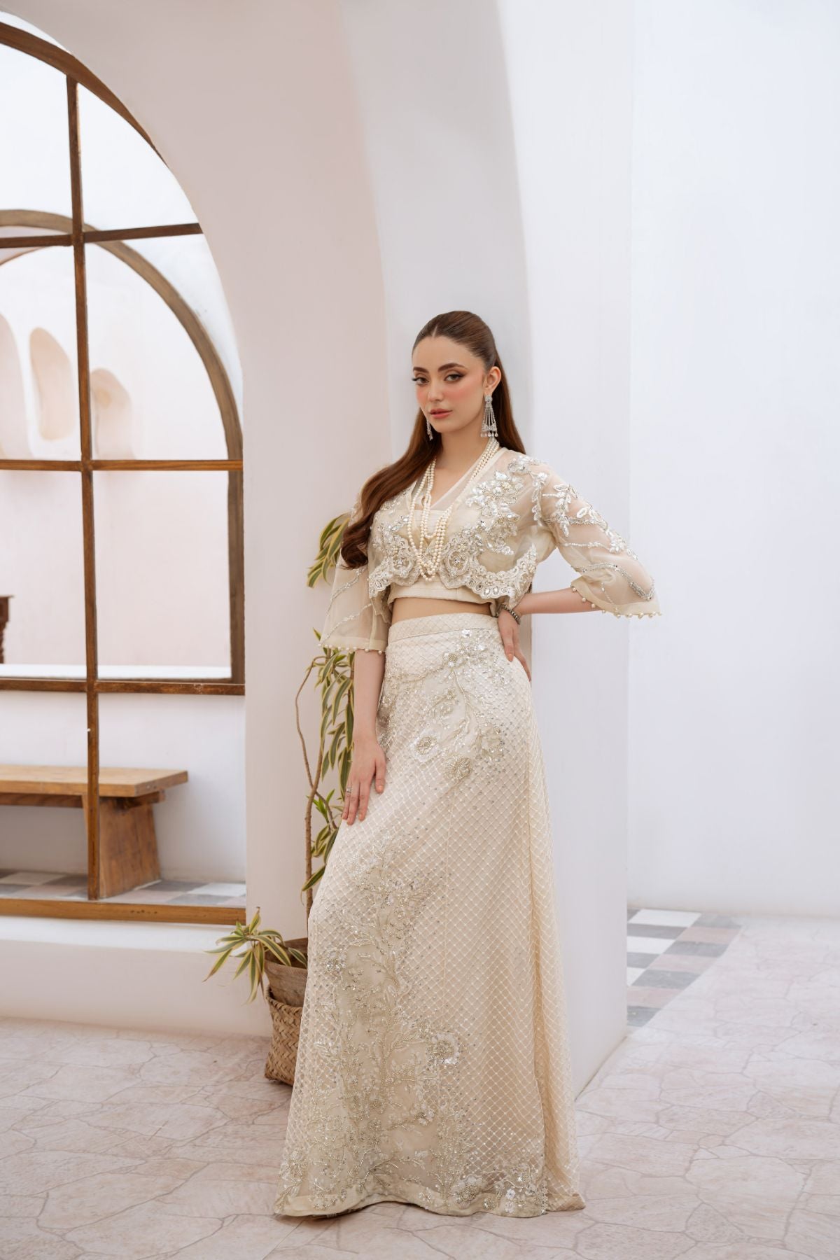 Pakistani Sage White Beaded Organza Blouse & Net Skirt (2-Piece) - Image 9