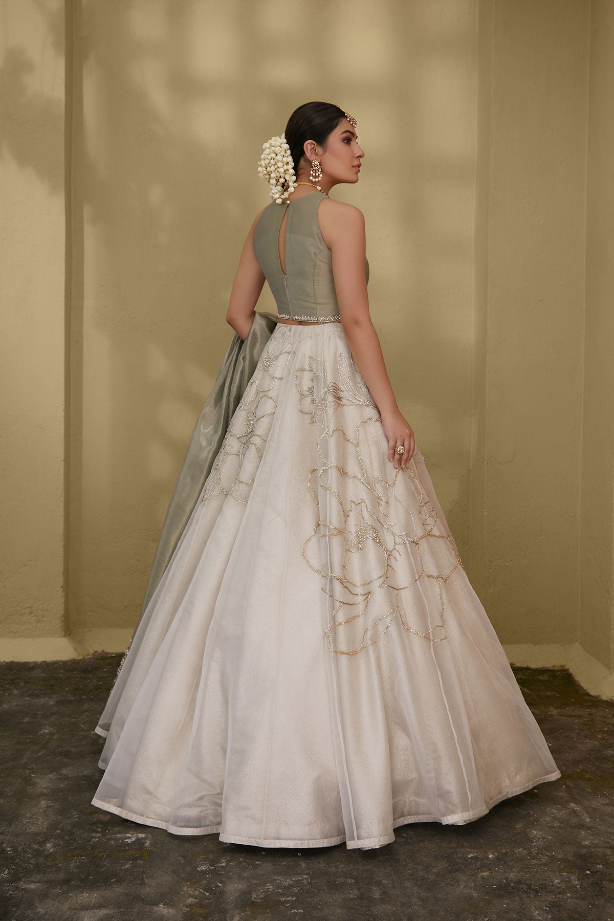 Pakistani White Embroidered Tissue Organza Lehenga (3-Piece) - Image 3