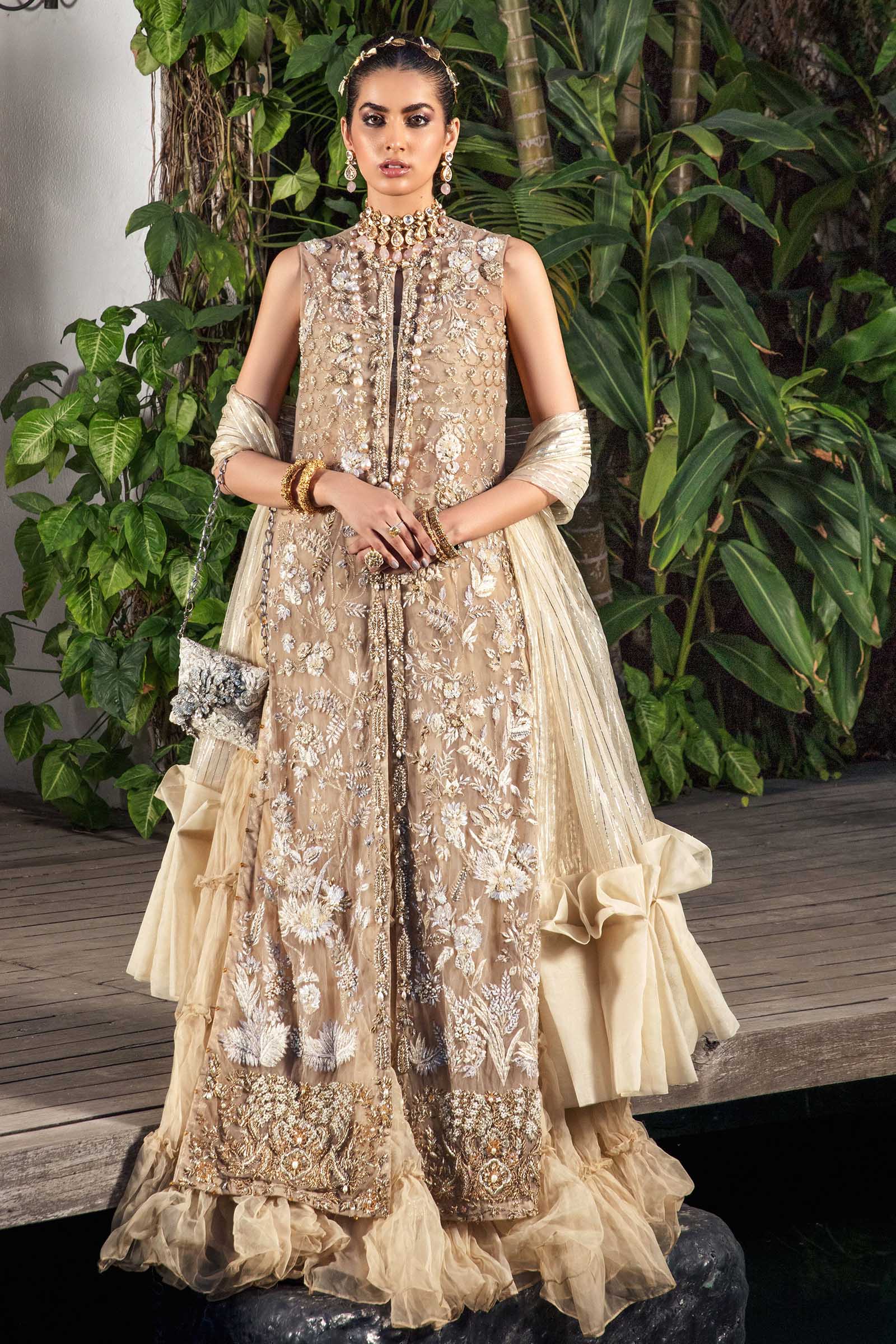 Pakistani Pearl White Embroidered Net Jacket Lehenga (3-Piece) - Image 1