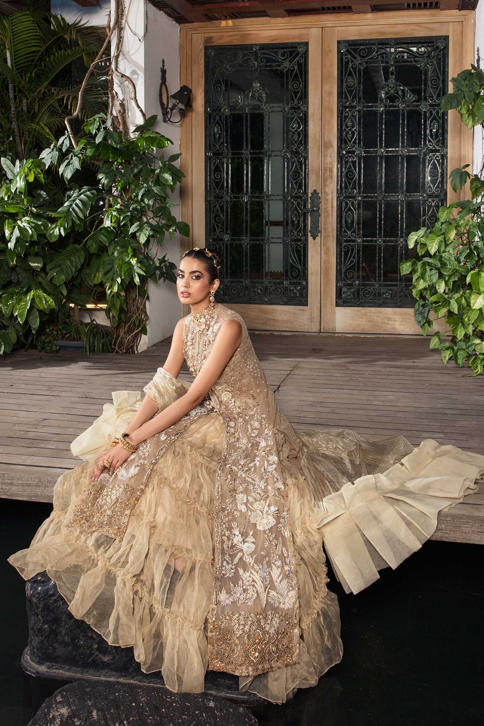 Pakistani Pearl White Embroidered Net Jacket Lehenga (3-Piece) - Image 3