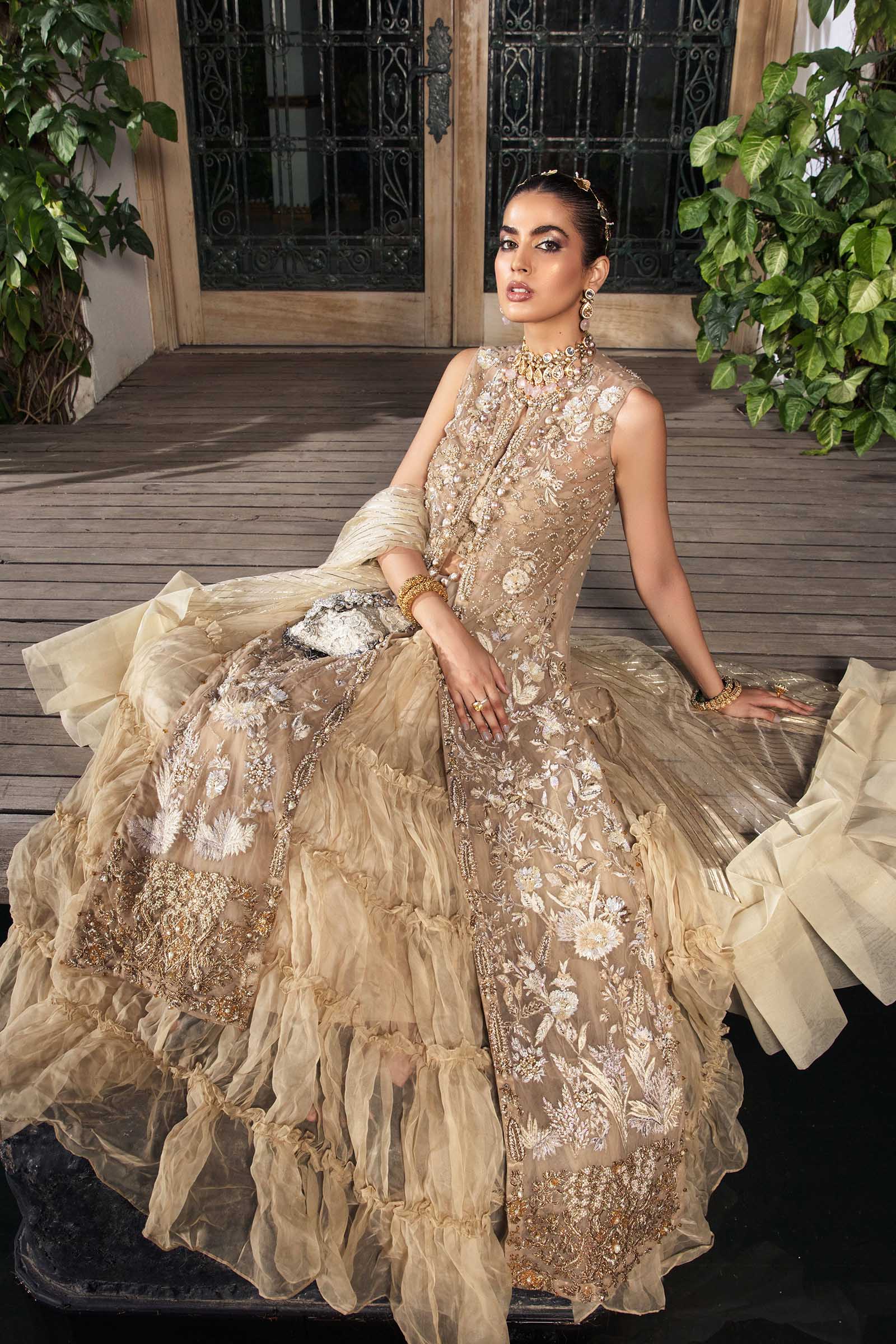 Pakistani Pearl White Embroidered Net Jacket Lehenga (3-Piece) - Image 4