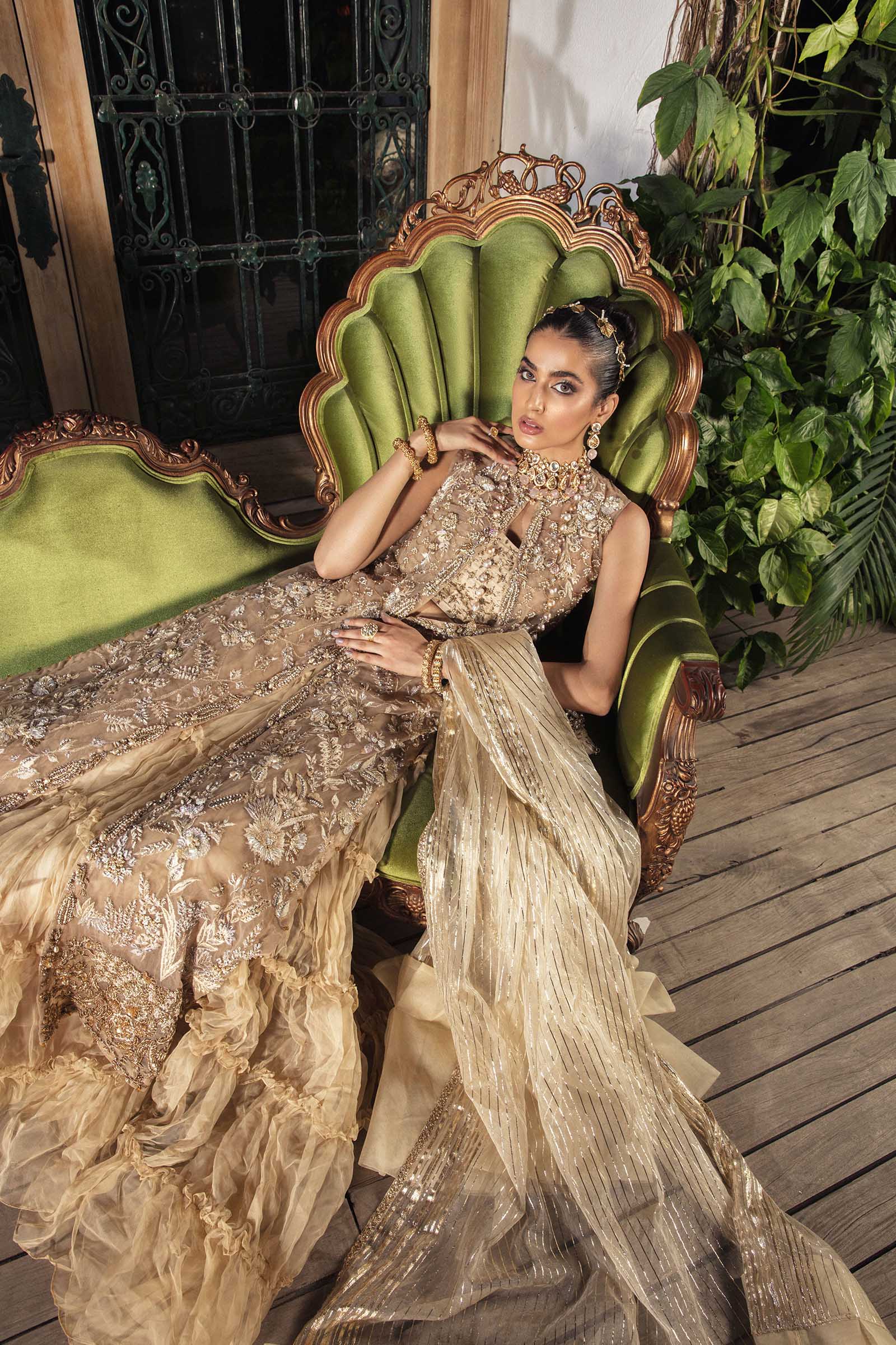 Pakistani Pearl White Embroidered Net Jacket Lehenga (3-Piece) - Image 5