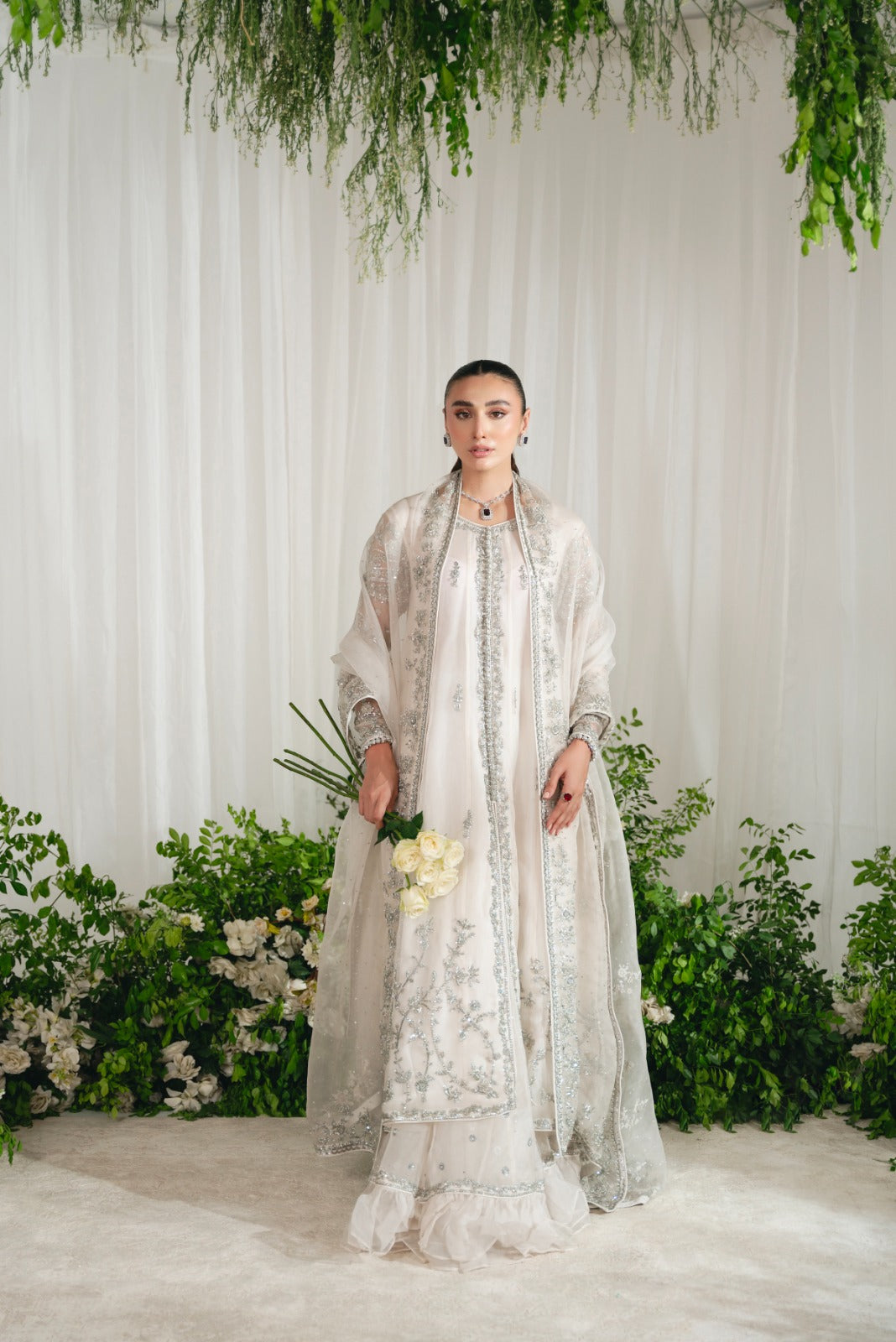 Pearl White Zardozi Organza Lehenga (3-Piece) - Image 1