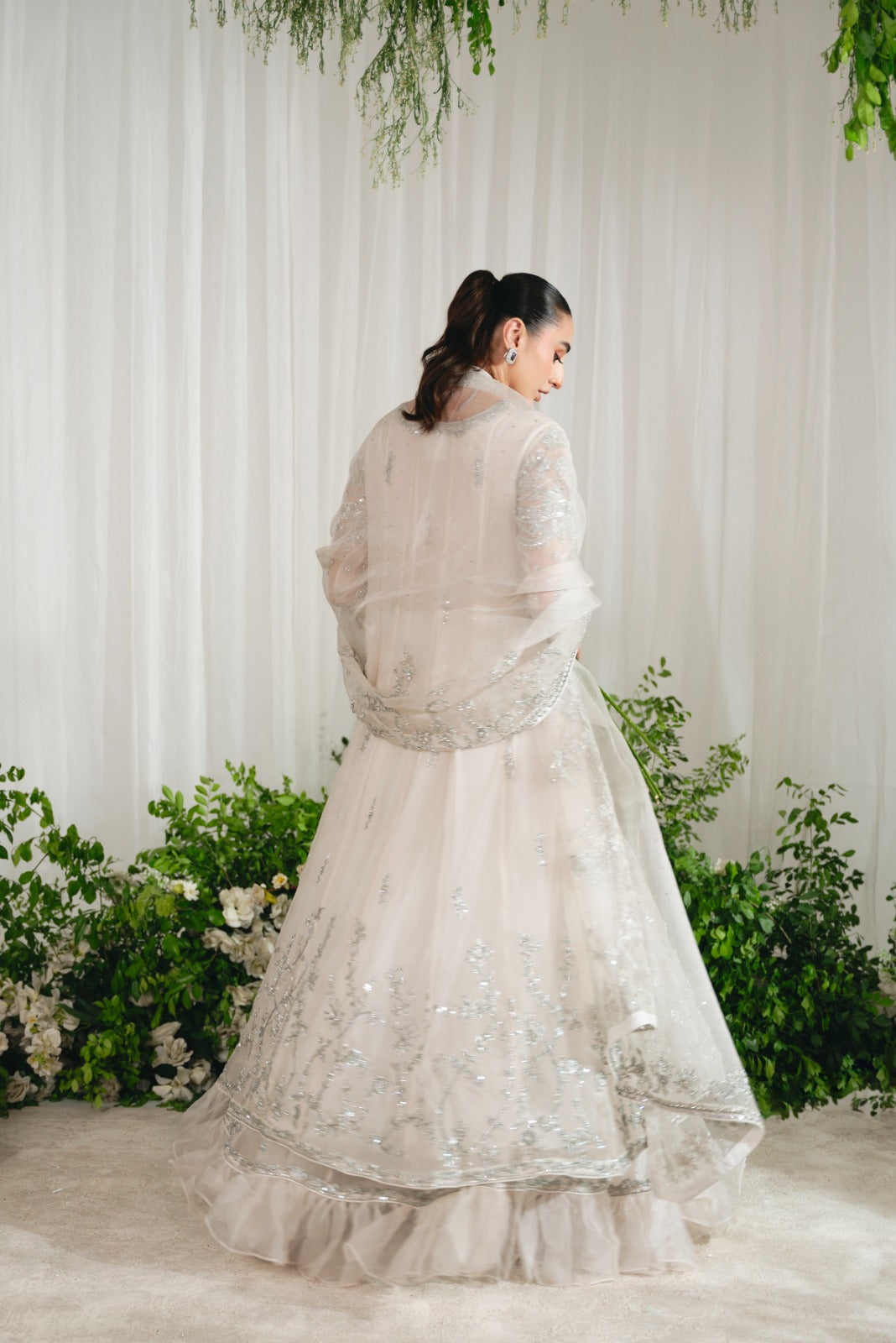 Pearl White Zardozi Organza Lehenga (3-Piece) - Image 4