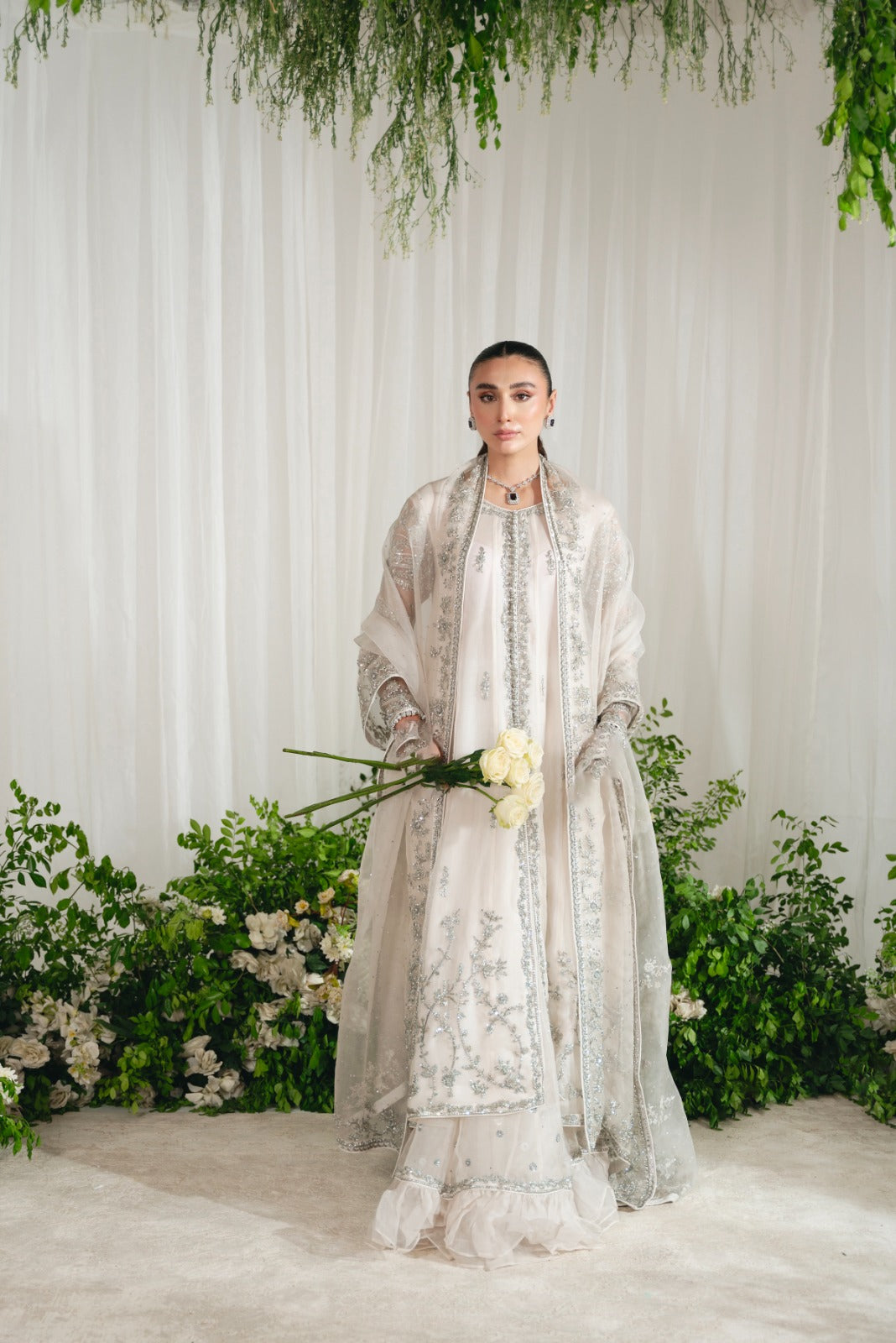 Pearl White Zardozi Organza Lehenga (3-Piece) - Image 5