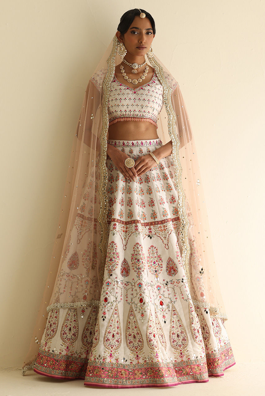 Pakistani White Embellished Raw Silk Lehnga Choli (3-Piece) - Image 1