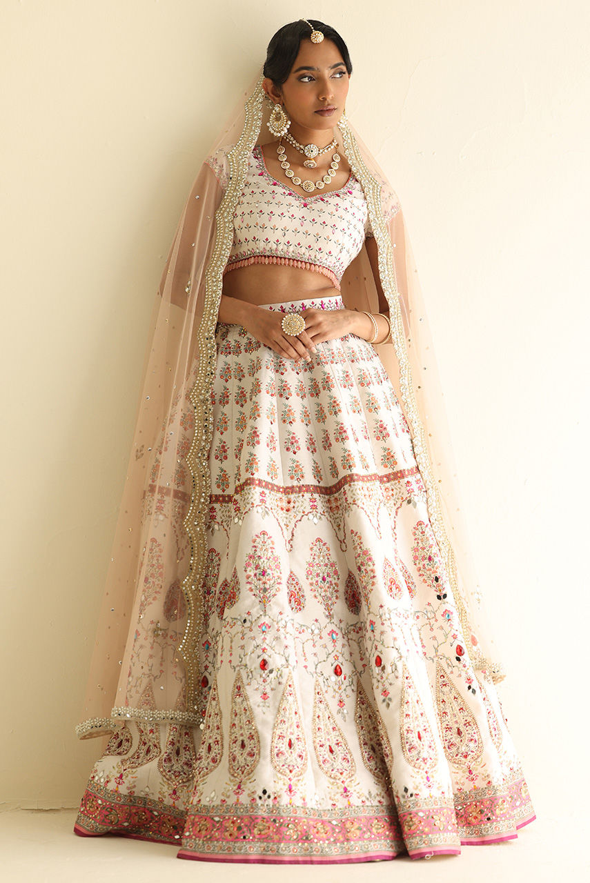 Pakistani White Embellished Raw Silk Lehnga Choli (3-Piece) - Image 2