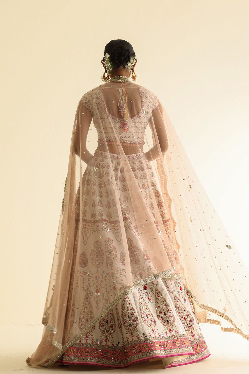 Pakistani White Embellished Raw Silk Lehnga Choli (3-Piece) - Image 3