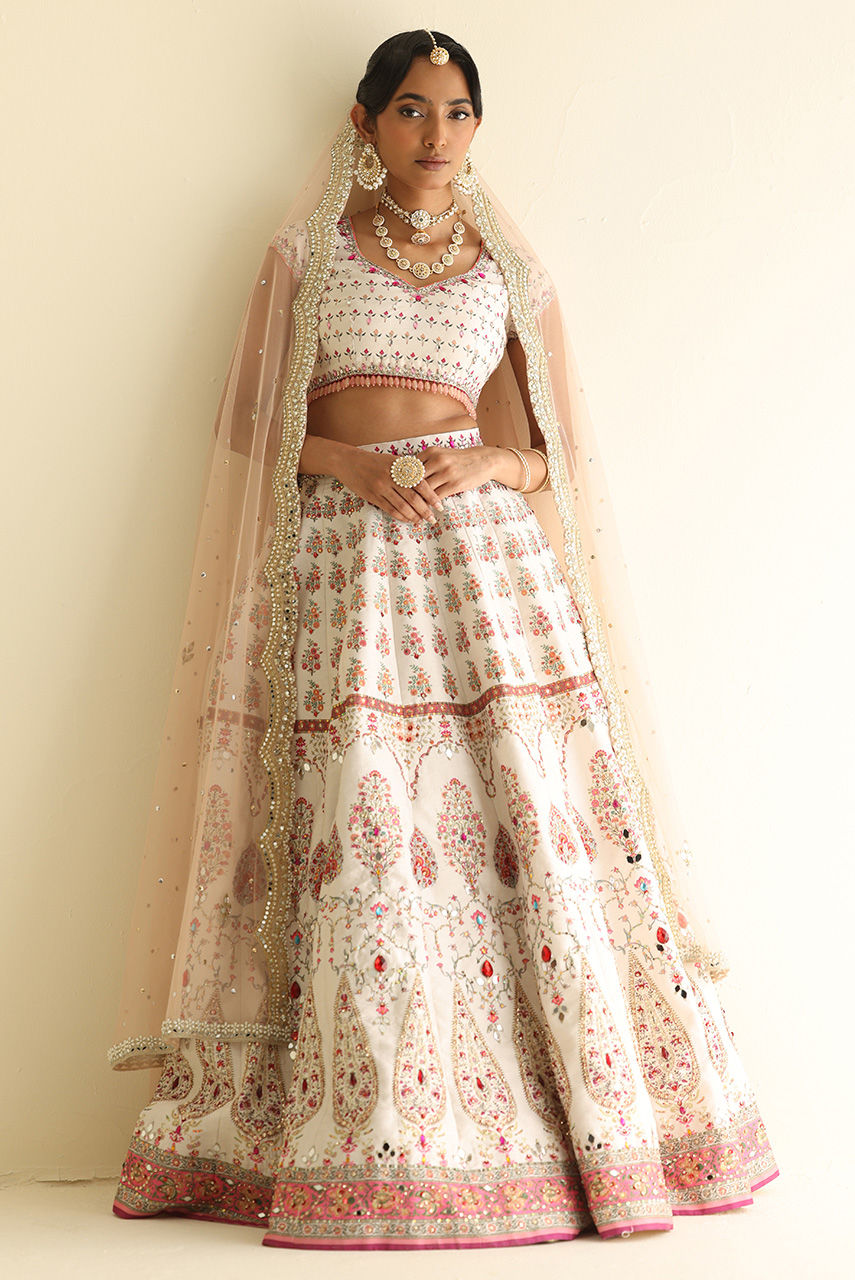 Pakistani White Embellished Raw Silk Lehnga Choli (3-Piece) - Image 4