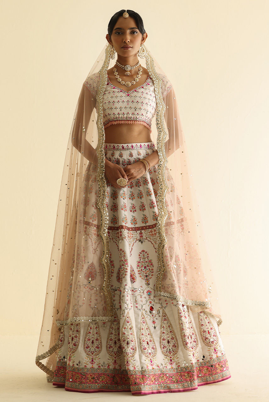 Pakistani White Embellished Raw Silk Lehnga Choli (3-Piece) - Image 5