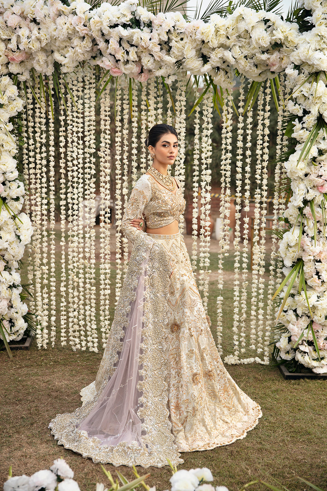 Pearl White Embellished Raw Silk Bridal Lehenga (3-Piece) - Image 1