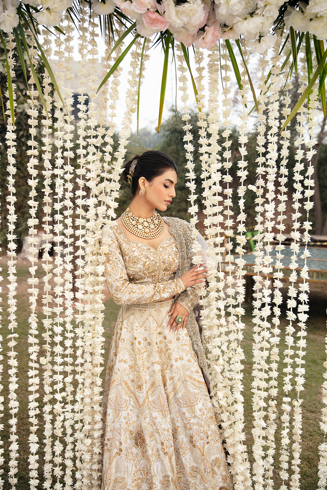 Pearl White Embellished Raw Silk Bridal Lehenga (3-Piece) - Image 2