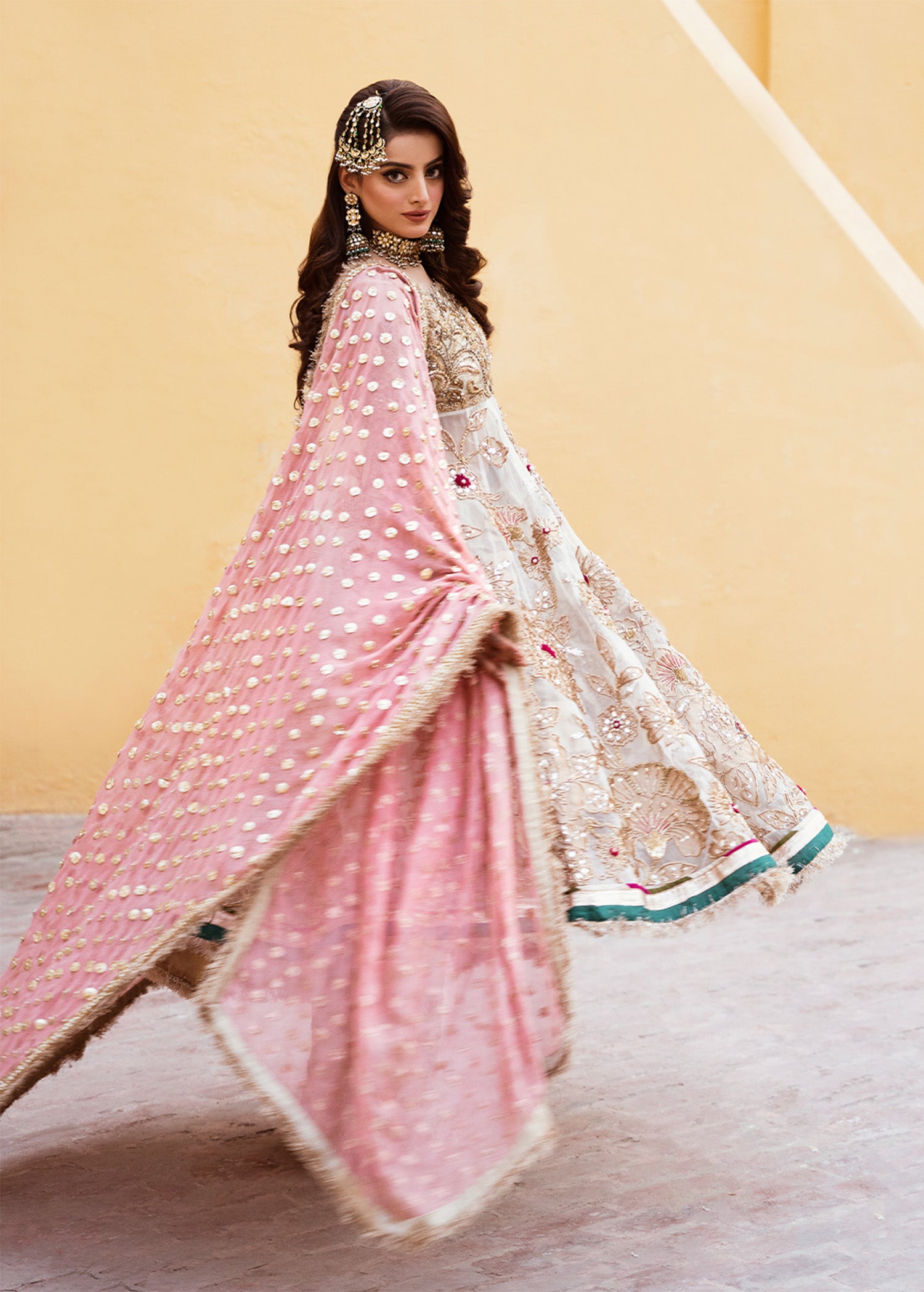 Pakistani White & Gold Embroidered Raw Silk Lehenga (3-Piece) - Image 1