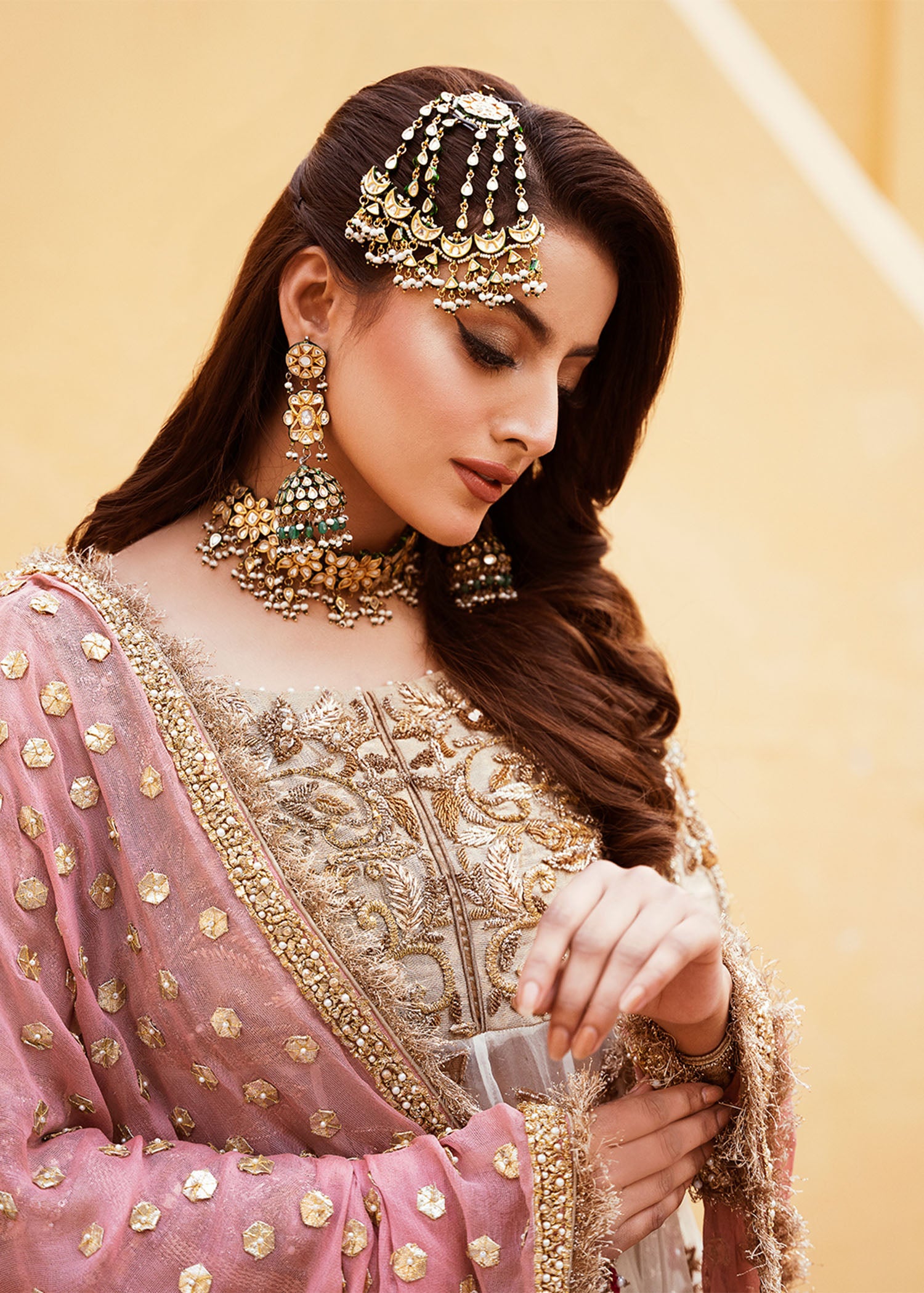 Pakistani White & Gold Embroidered Raw Silk Lehenga (3-Piece) - Image 2