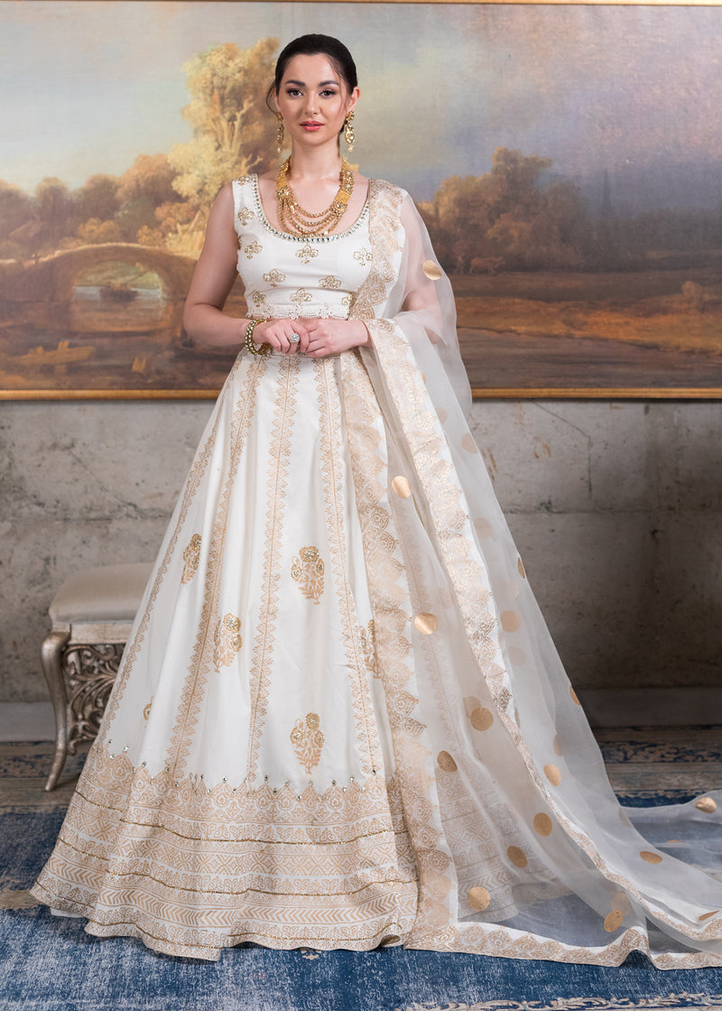 Pakistani White Hand Block Printed Raw Silk Lehenga Choli (3-Piece) - Image 1