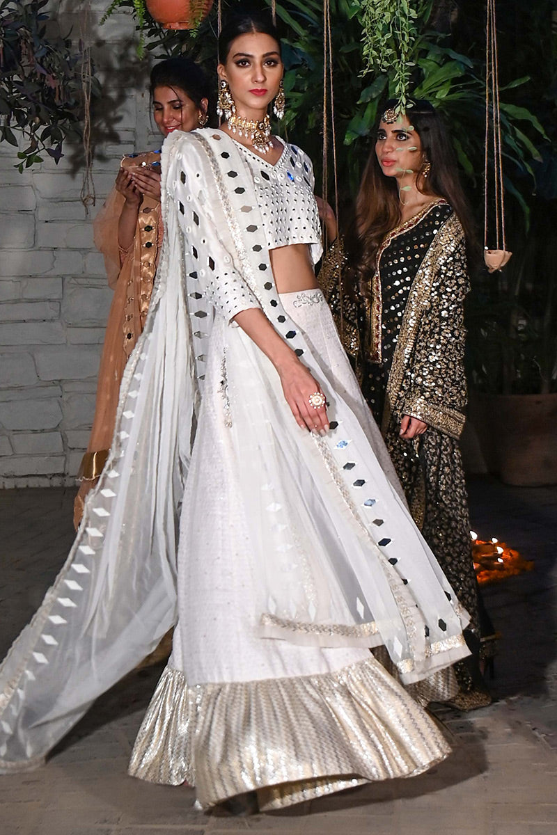Pakistani White Sheesha Embroidered Raw Silk & Jamawar Lehenga (3-Piece) - Image 1