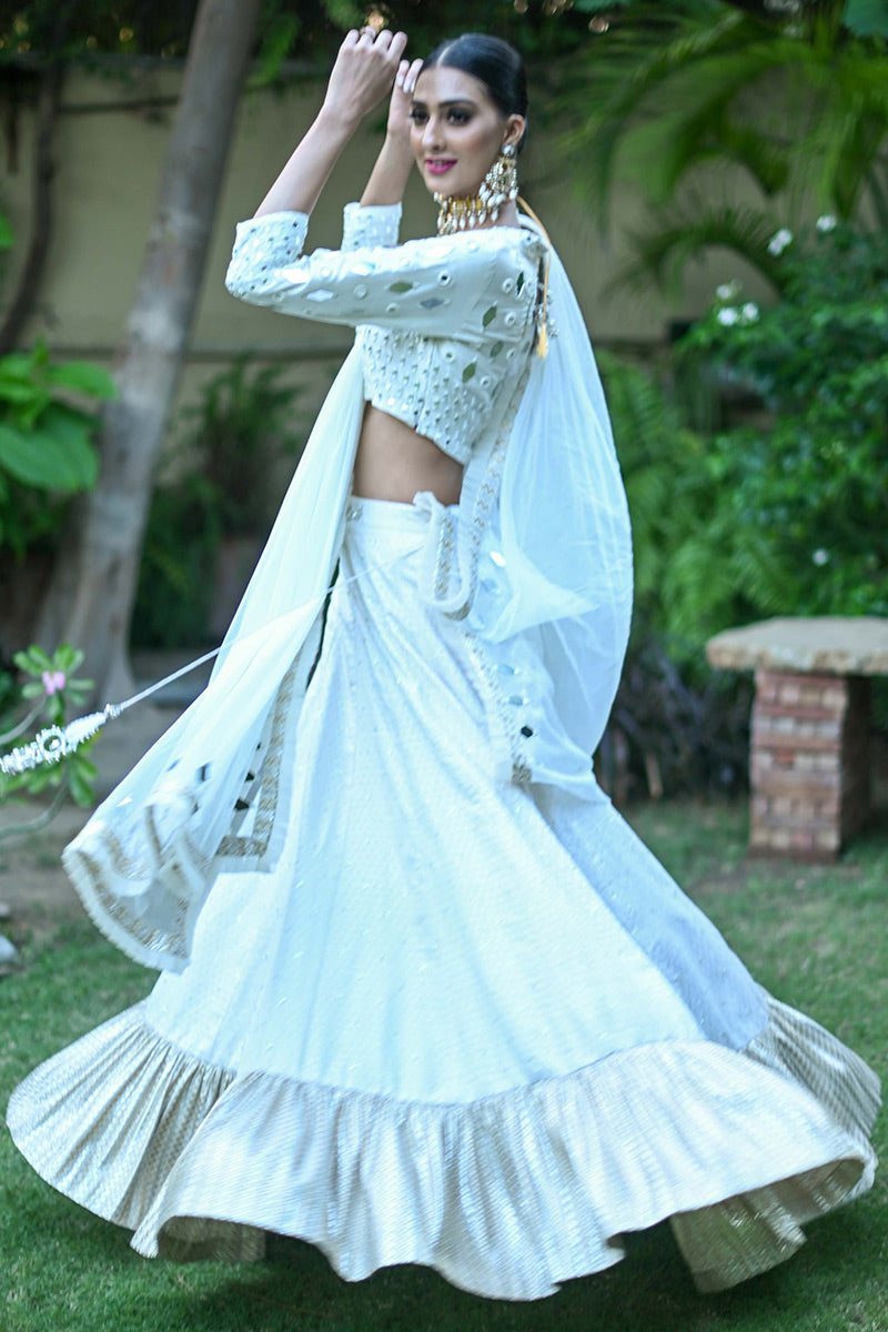 Pakistani White Sheesha Embroidered Raw Silk & Jamawar Lehenga (3-Piece) - Image 2