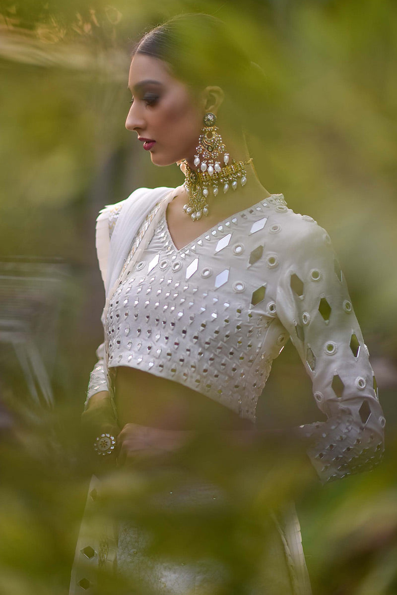 Pakistani White Sheesha Embroidered Raw Silk & Jamawar Lehenga (3-Piece) - Image 3