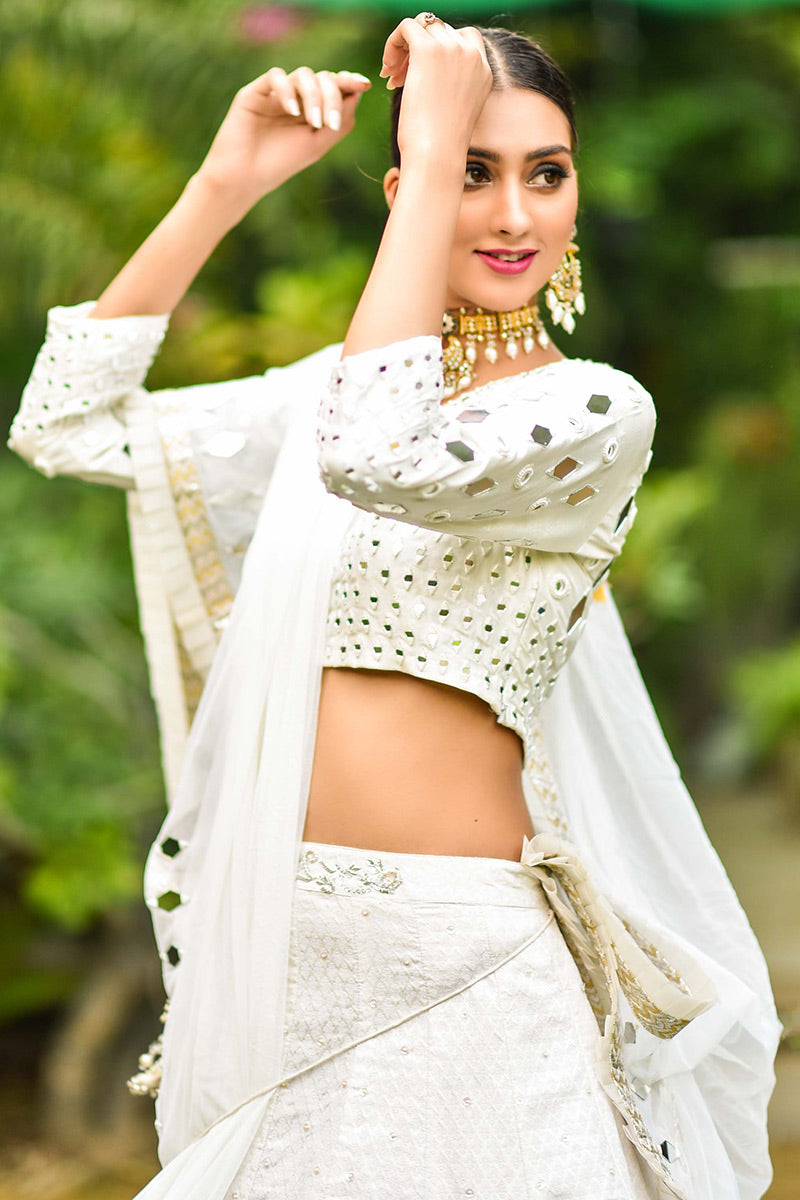 Pakistani White Sheesha Embroidered Raw Silk & Jamawar Lehenga (3-Piece) - Image 4