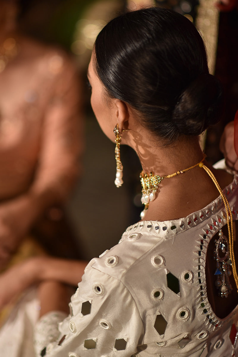 Pakistani White Sheesha Embroidered Raw Silk & Jamawar Lehenga (3-Piece) - Image 5