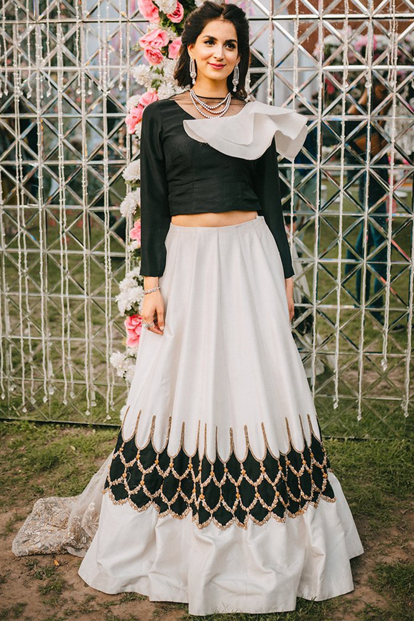 White & Black Zardozi Raw Silk Lehenga (2-Piece) - Image 1