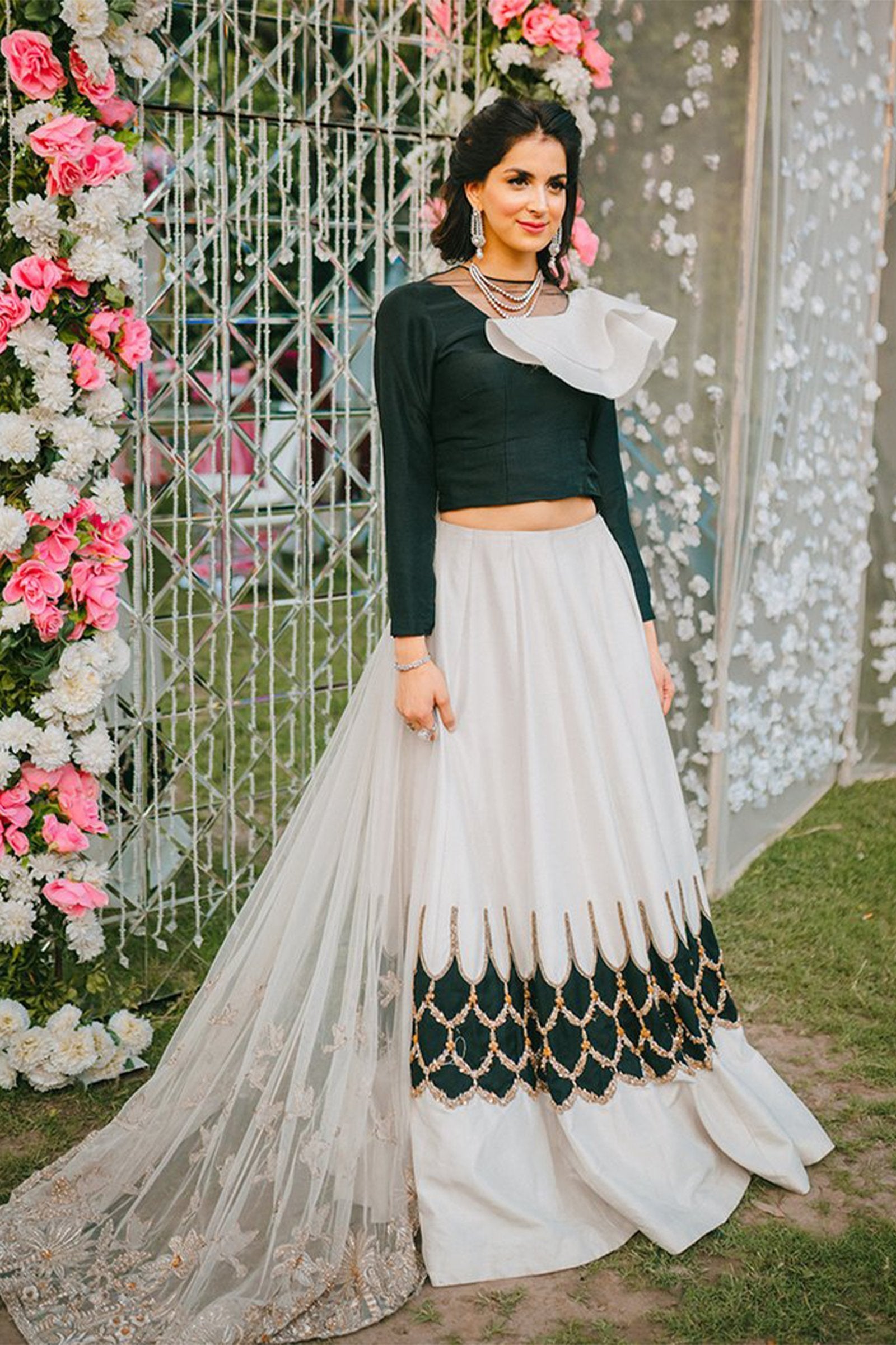 White & Black Zardozi Raw Silk Lehenga (2-Piece) - Image 2