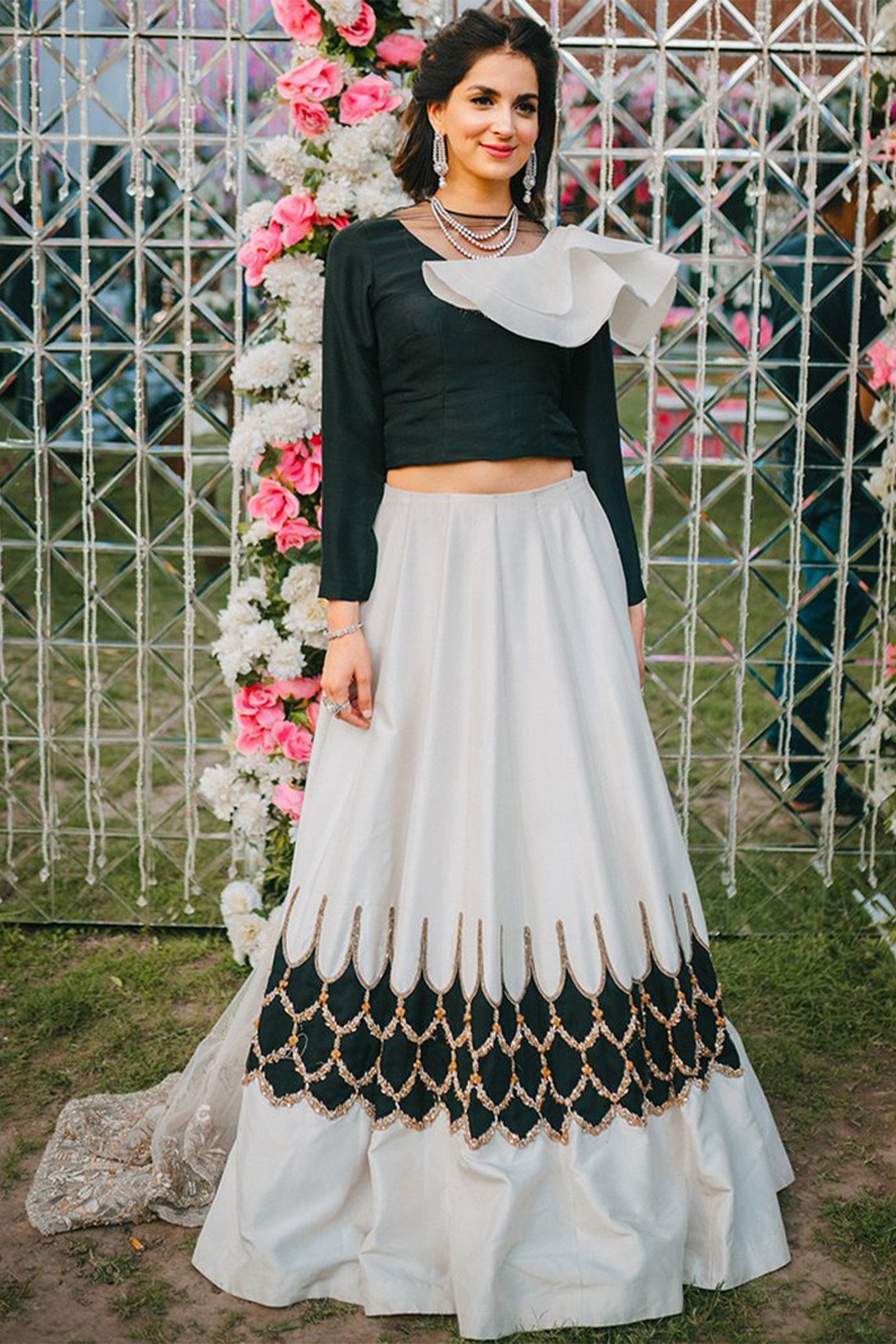 White & Black Zardozi Raw Silk Lehenga (2-Piece) - Image 4