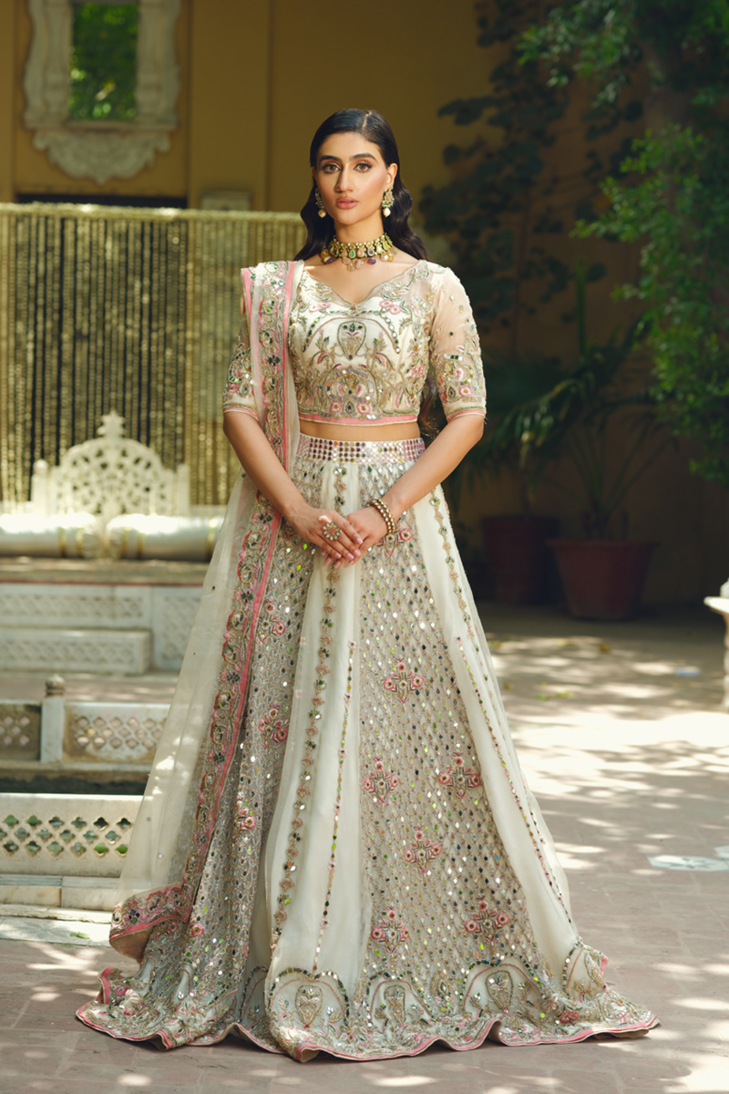 White Mirror Work Silk-Blend Lehenga Choli (3-Piece) - Image 1