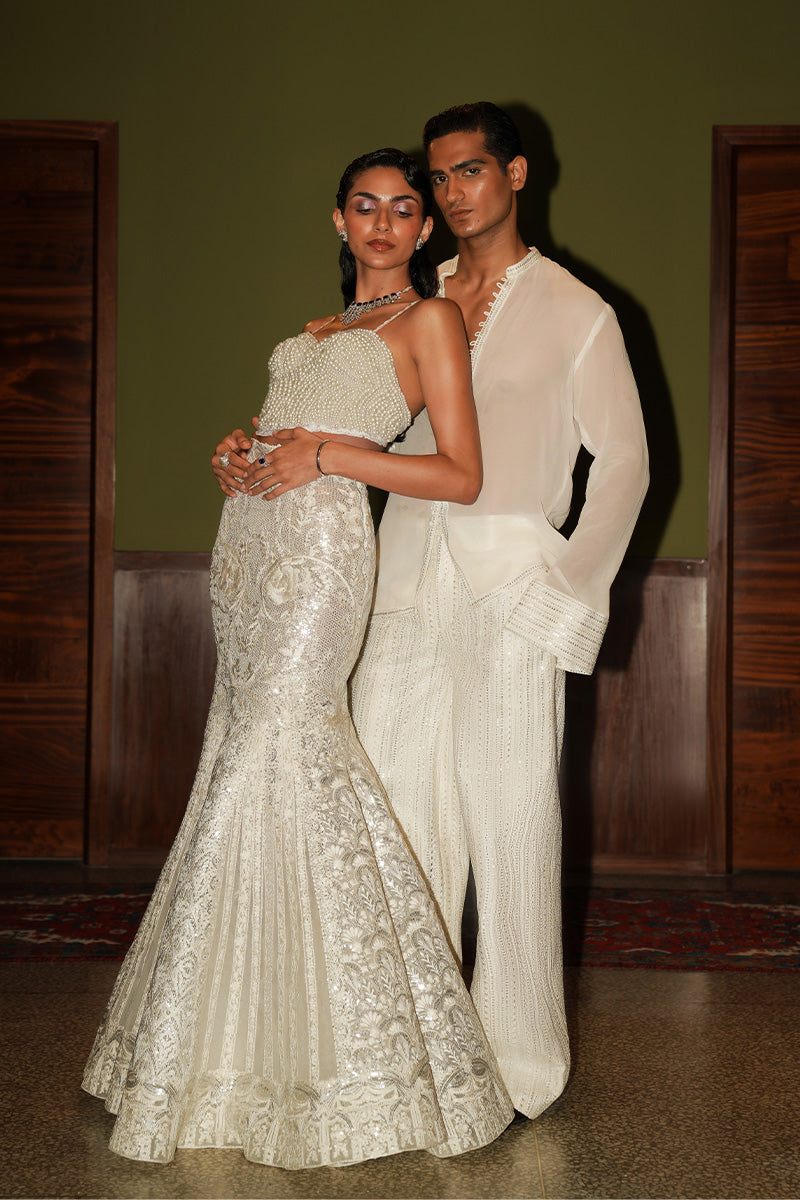 Pakistani Pearlescent White Embellished Silk-Blend Mermaid Lehenga (2-Piece) - Image 6
