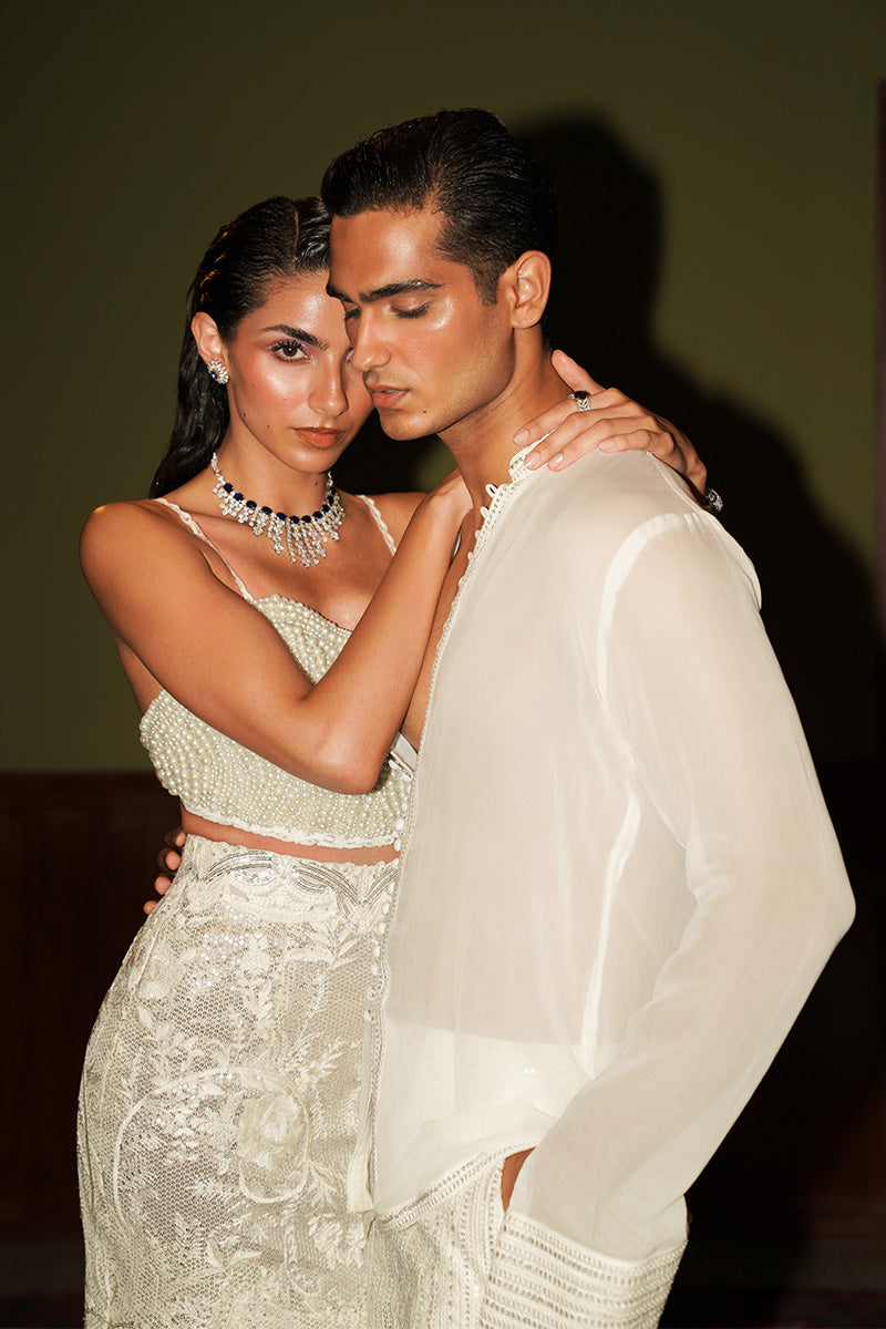 Pakistani Pearlescent White Embellished Silk-Blend Mermaid Lehenga (2-Piece) - Image 7