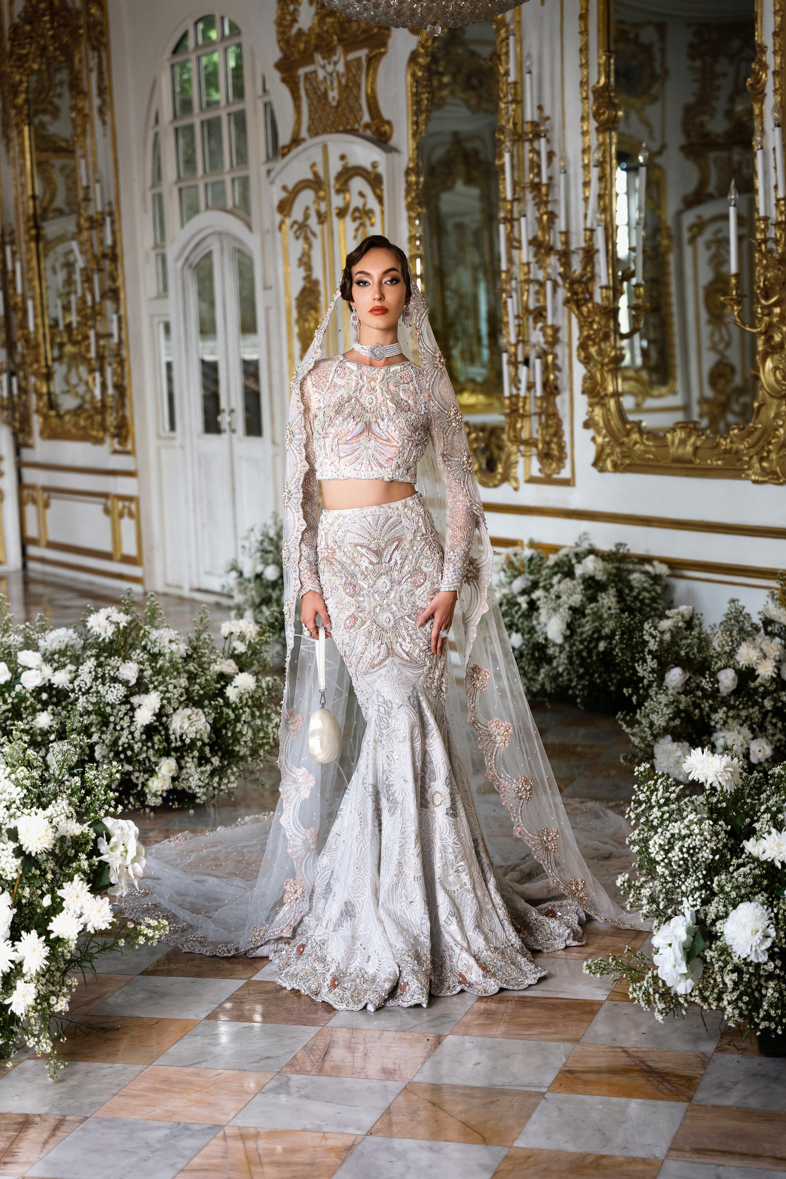 Pakistani White Embellished Silk Blend Mermaid Bridal Lehenga (3-Piece) - Image 1