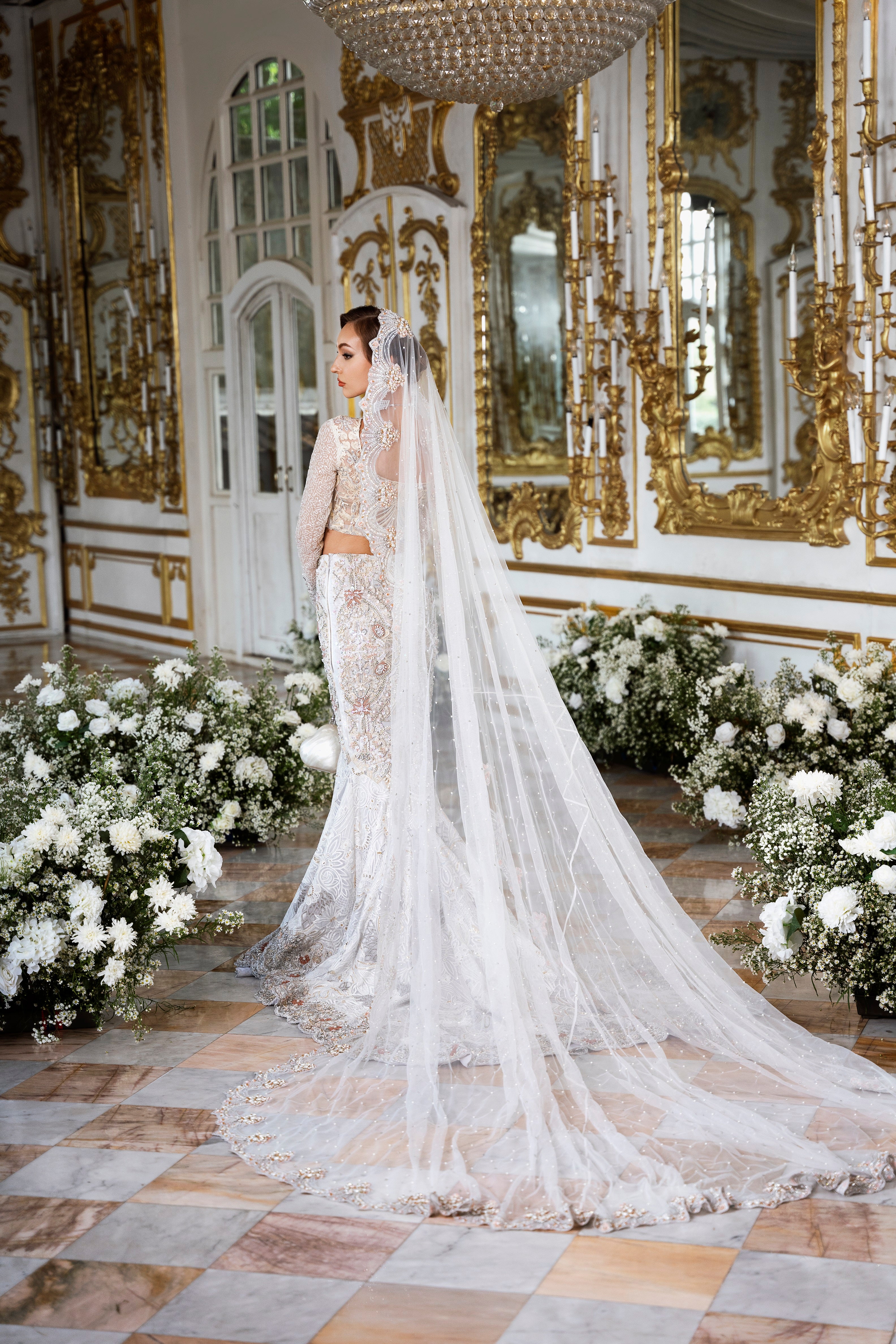 Pakistani White Embellished Silk Blend Mermaid Bridal Lehenga (3-Piece) - Image 2