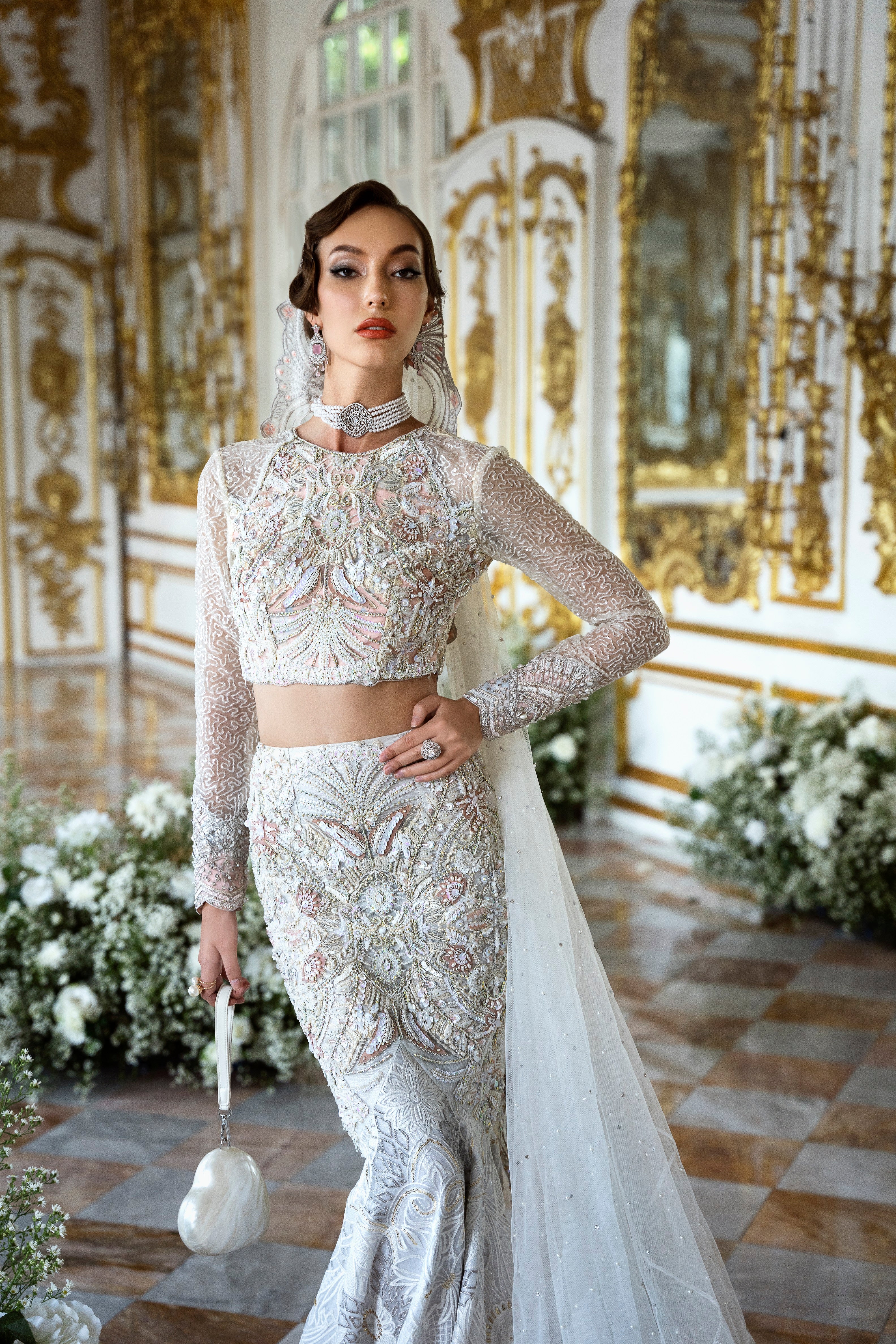 Pakistani White Embellished Silk Blend Mermaid Bridal Lehenga (3-Piece) - Image 3